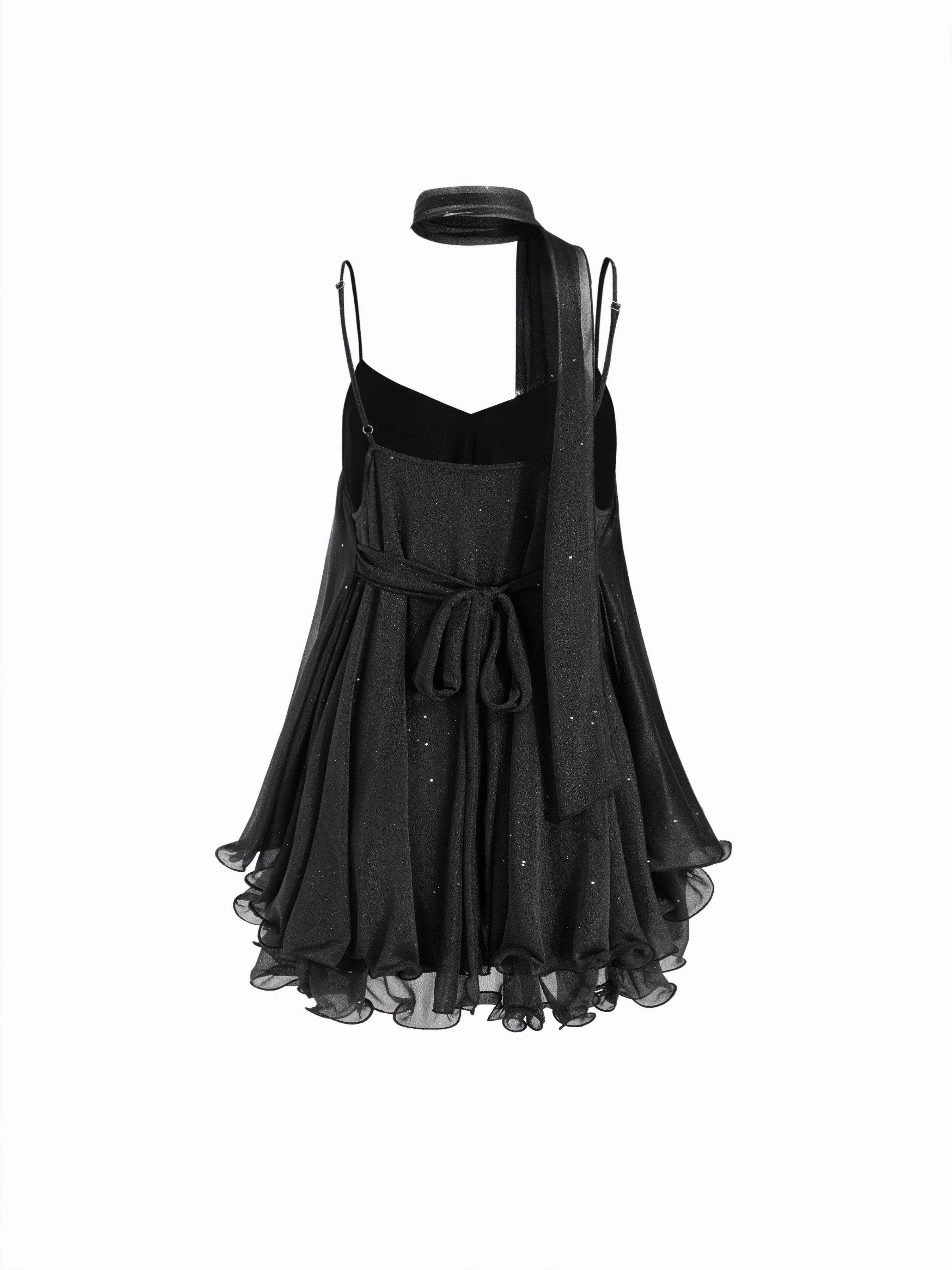 Sequin V-Neck Halter Ruffled Hem Oversized Mini Dress With Scarf — Black