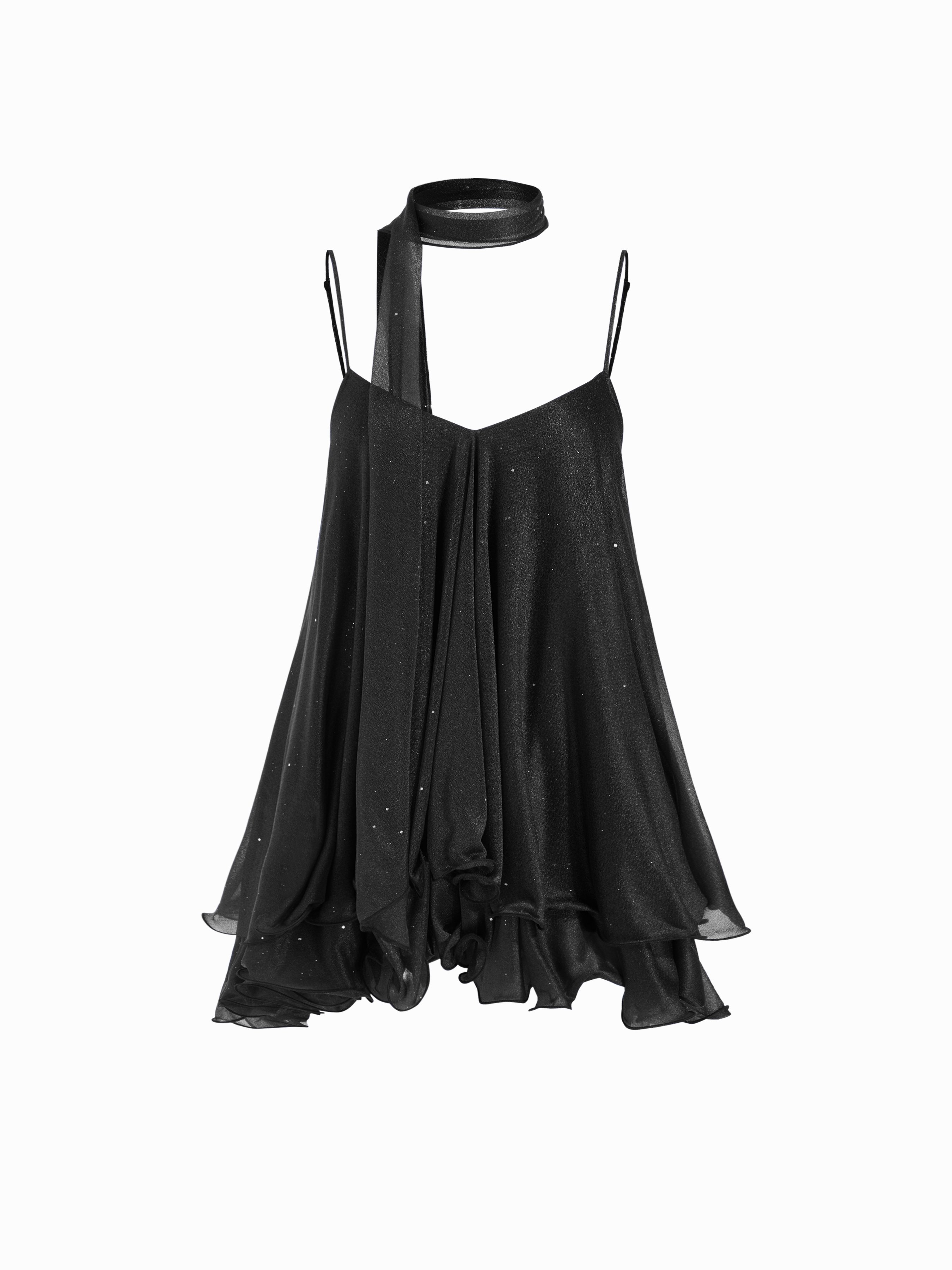 Sequin V-Neck Halter Ruffled Hem Oversized Mini Dress With Scarf — Black