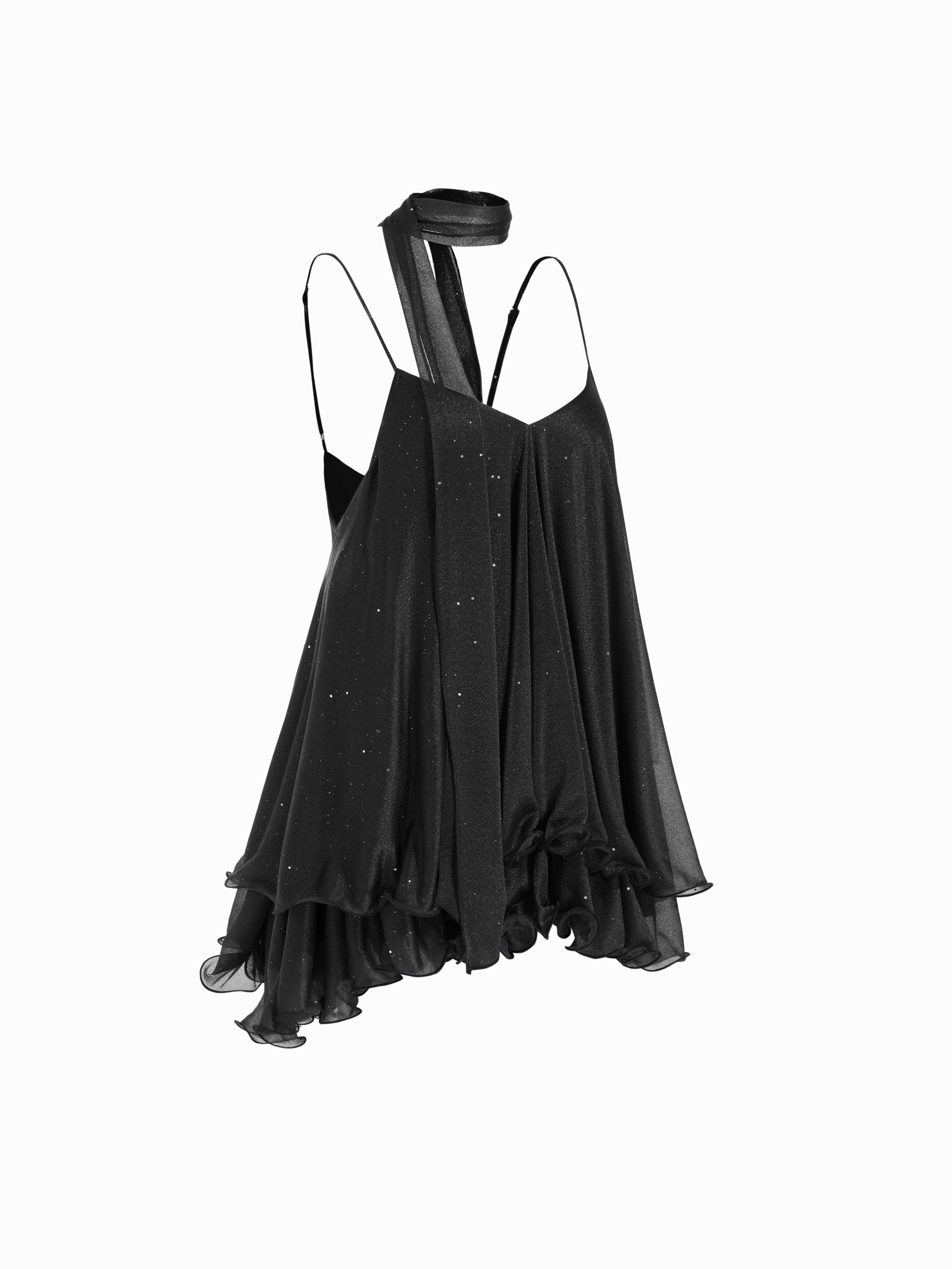 Sequin V-Neck Halter Ruffled Hem Oversized Mini Dress With Scarf — Black