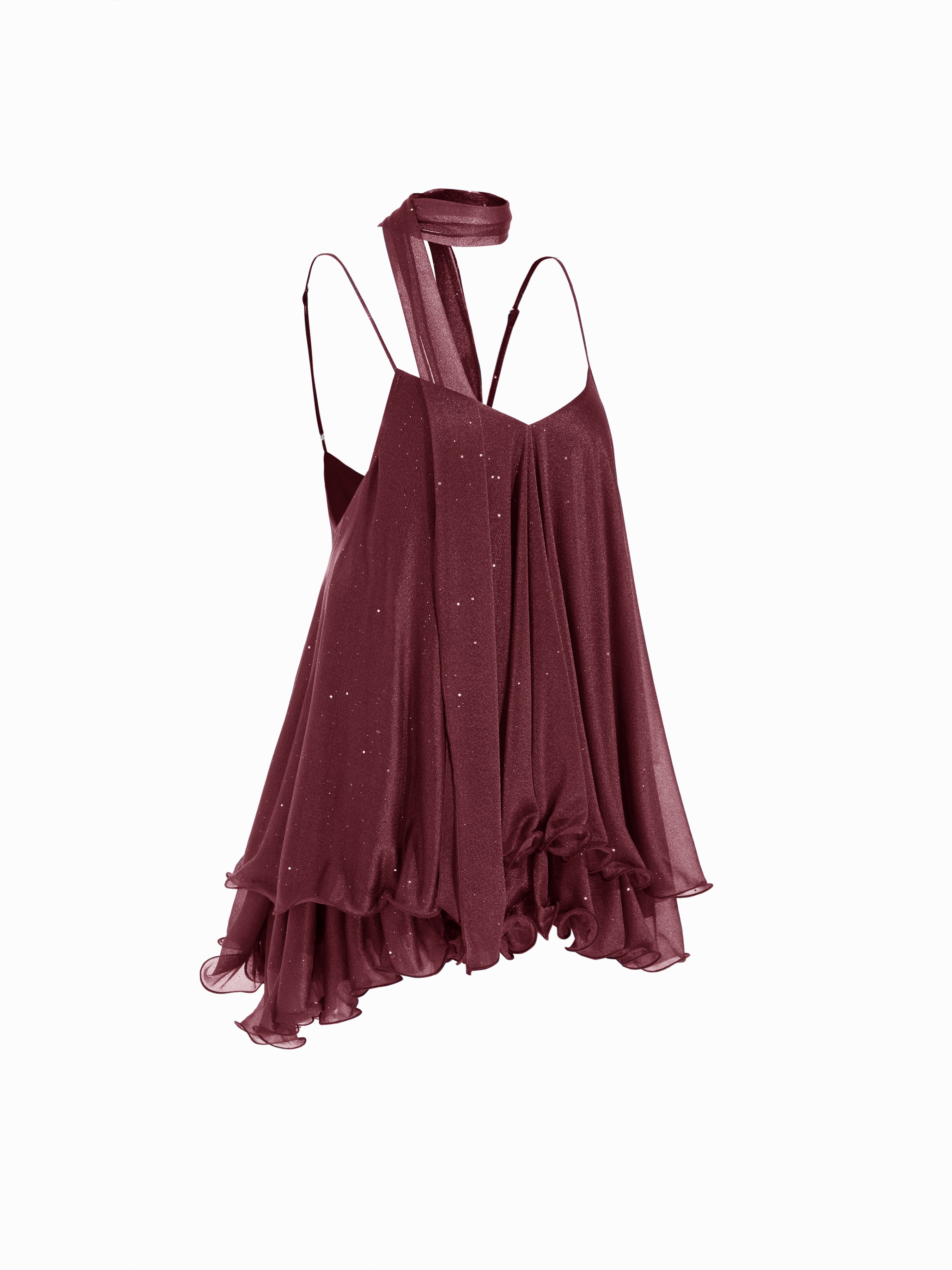 Sequin V-Neck Halter Ruffled Hem Oversized Mini Dress With Scarf — Burgundy