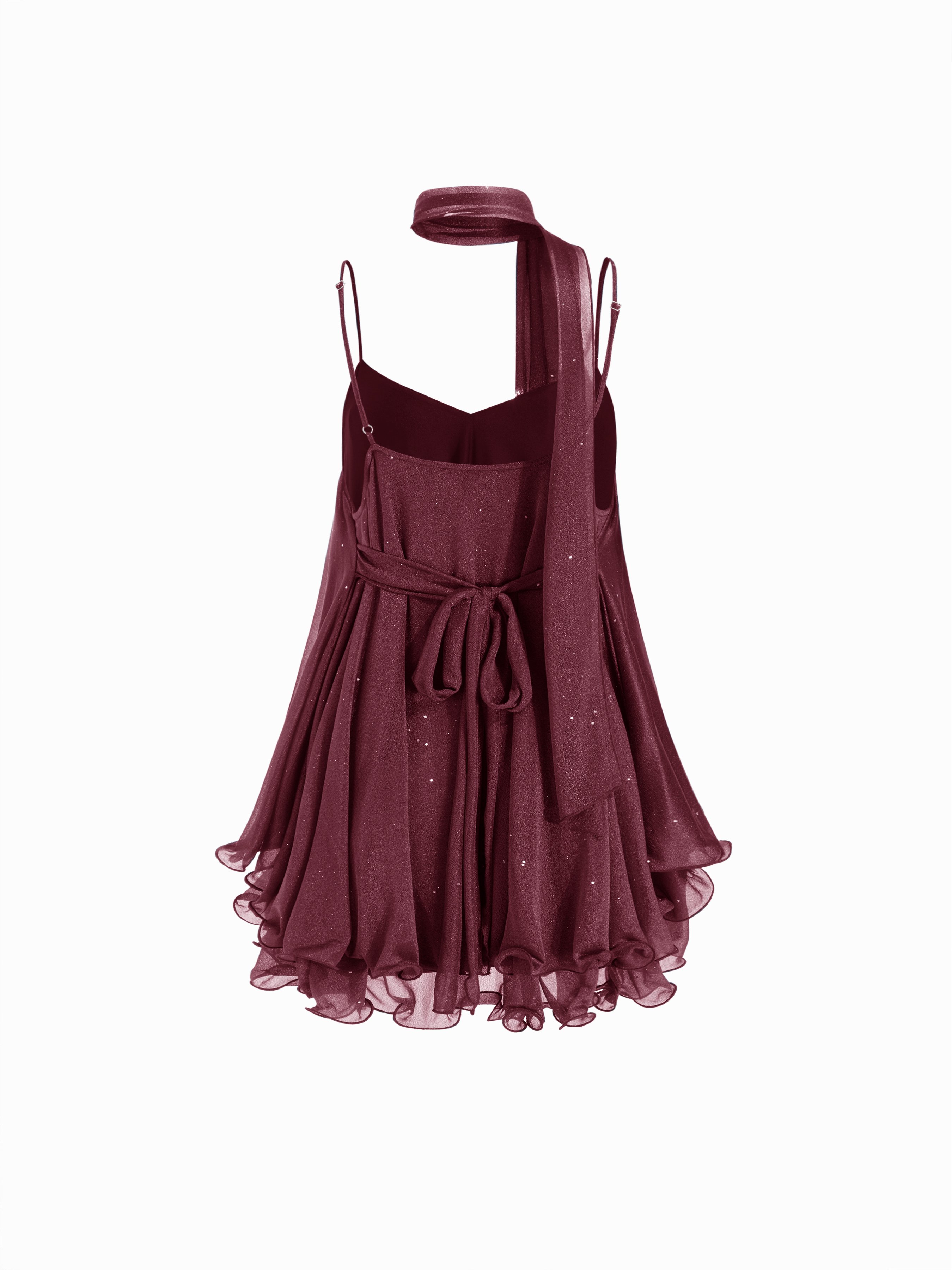 Sequin V-Neck Halter Ruffled Hem Oversized Mini Dress With Scarf — Burgundy