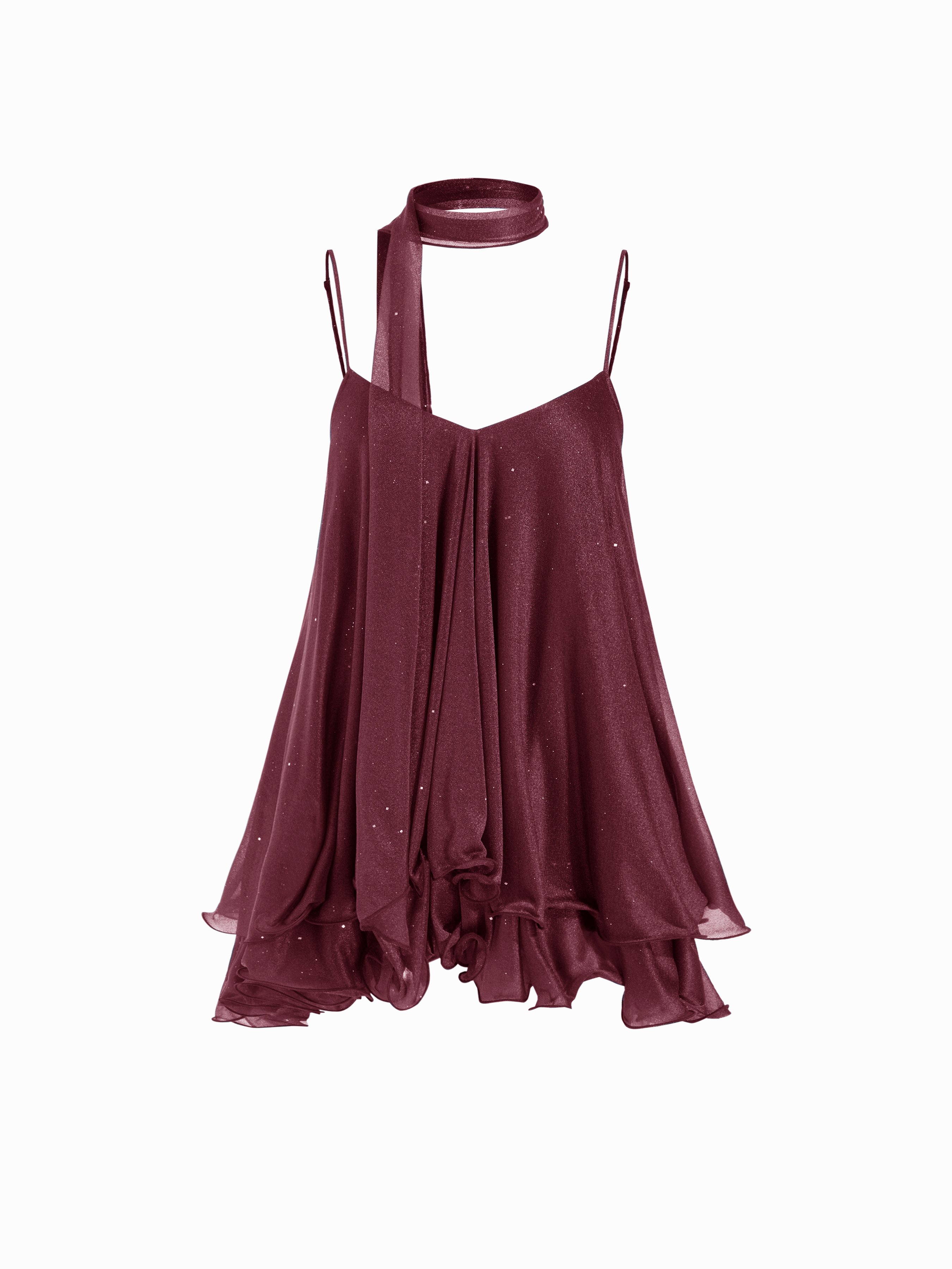 Sequin V-Neck Halter Ruffled Hem Oversized Mini Dress With Scarf — Burgundy
