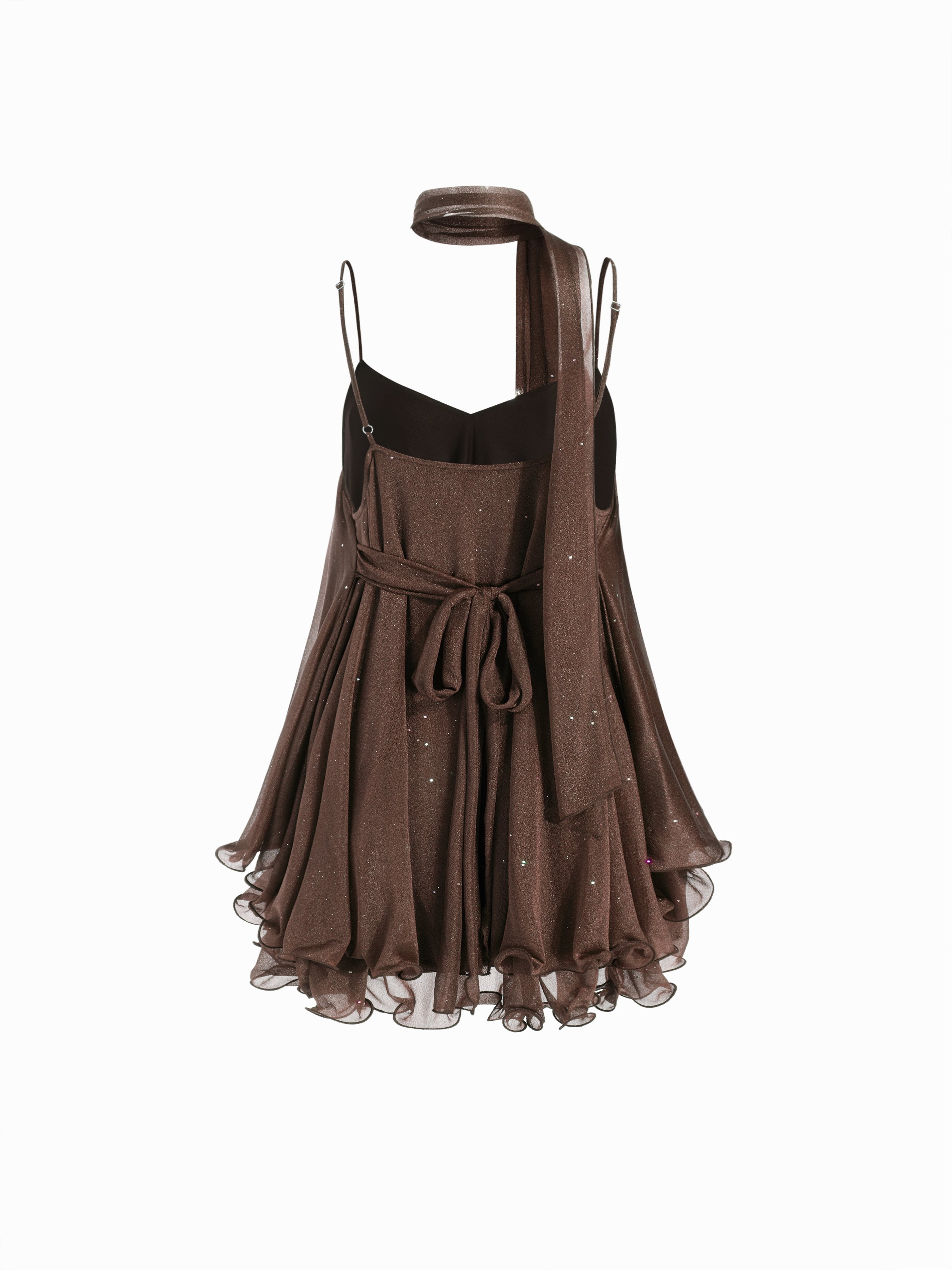 Sequin V-Neck Halter Ruffled Hem Oversized Mini Dress With Scarf — Brown