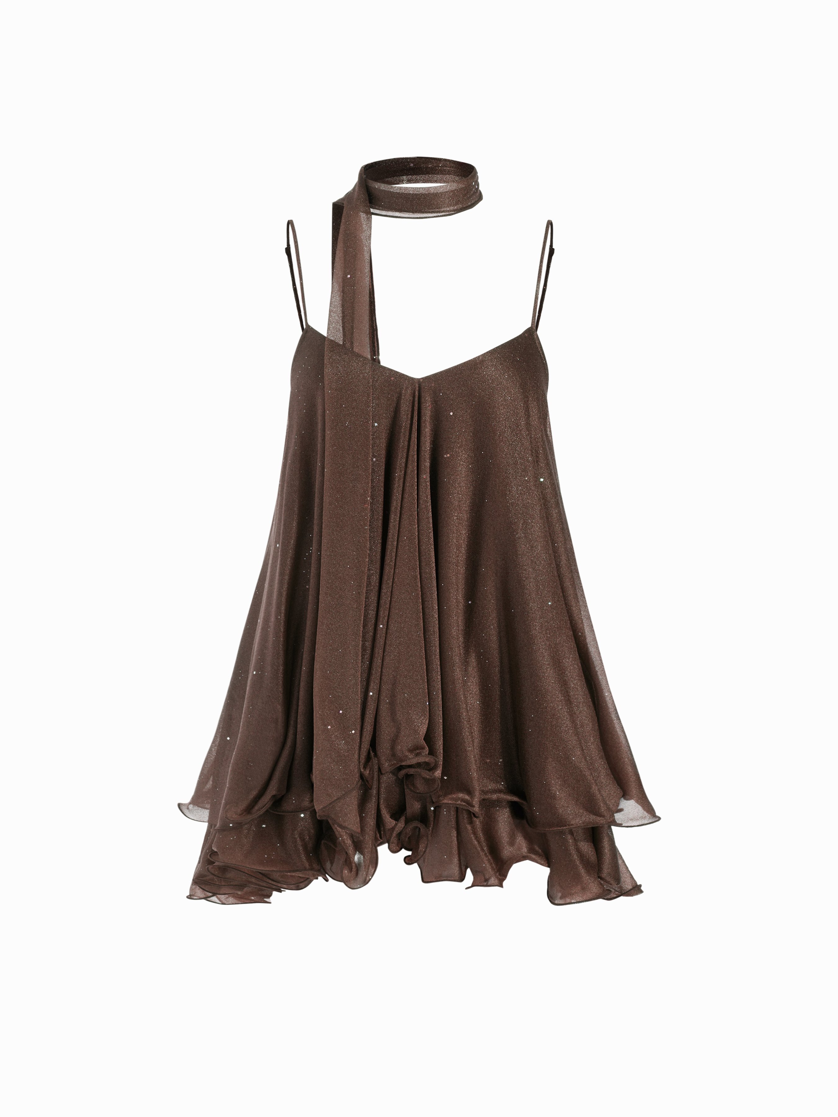 Sequin V-Neck Halter Ruffled Hem Oversized Mini Dress With Scarf — Brown
