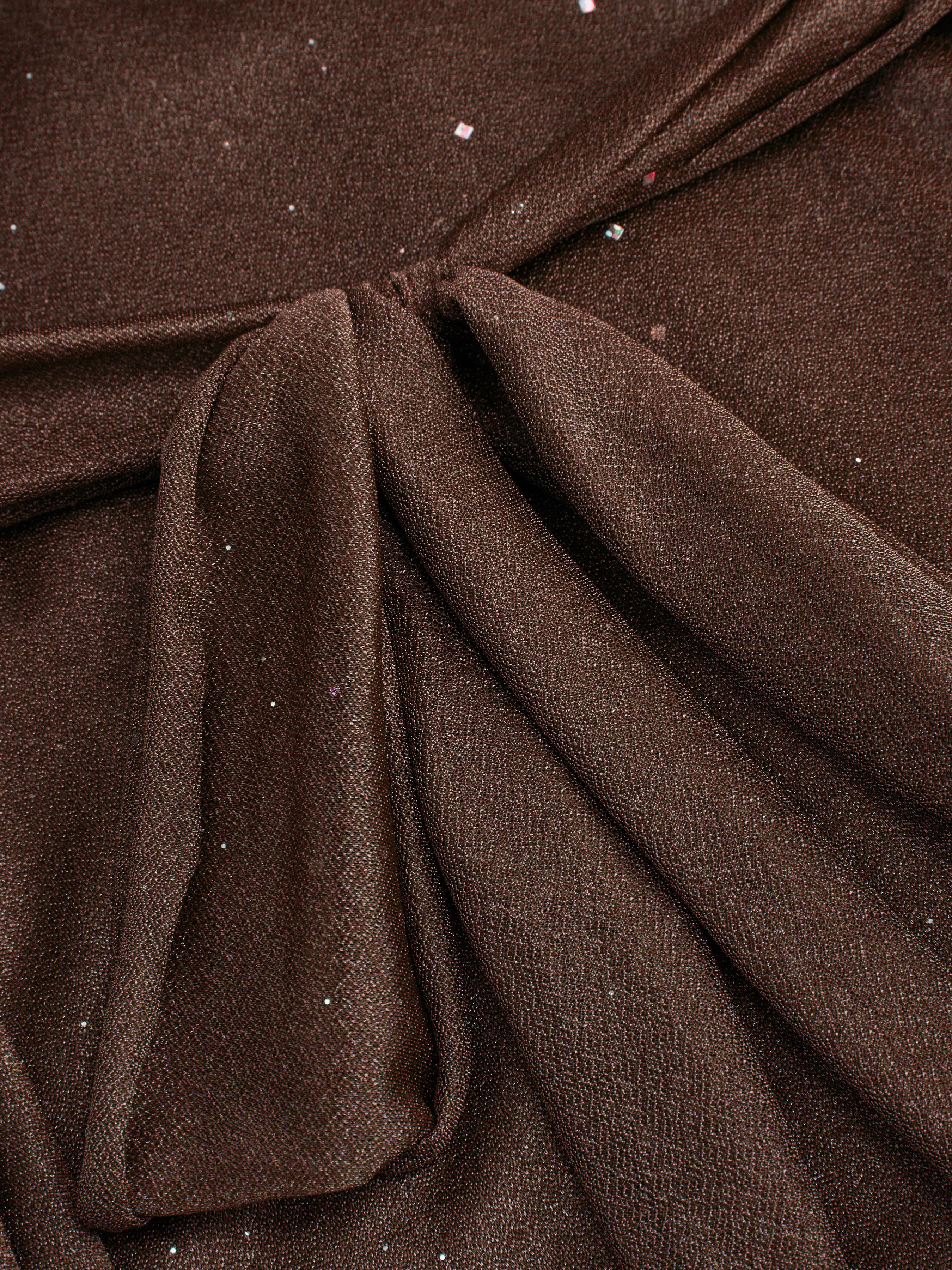 Sequin V-Neck Halter Ruffled Hem Oversized Mini Dress With Scarf — Brown