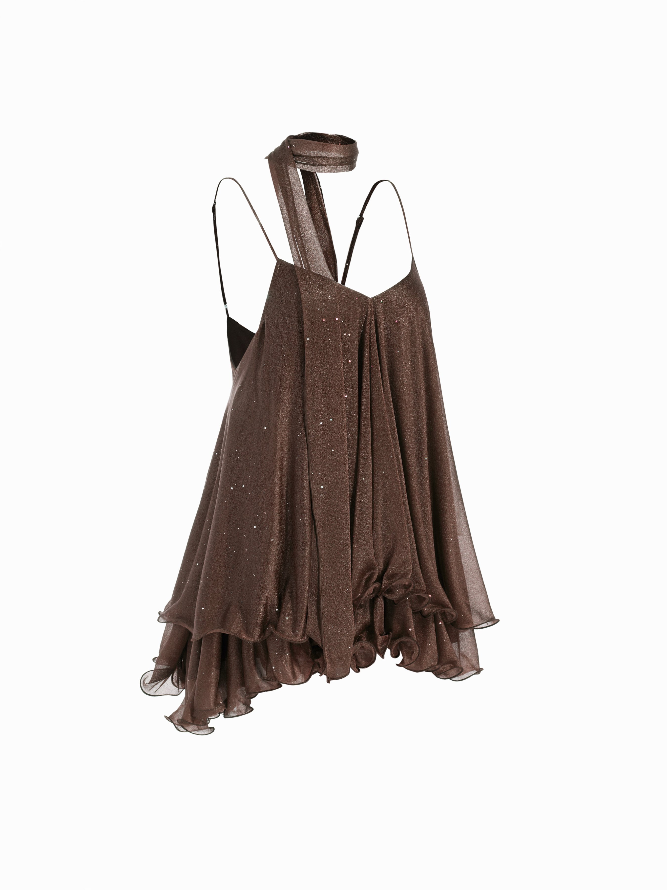 Sequin V-Neck Halter Ruffled Hem Oversized Mini Dress With Scarf — Brown