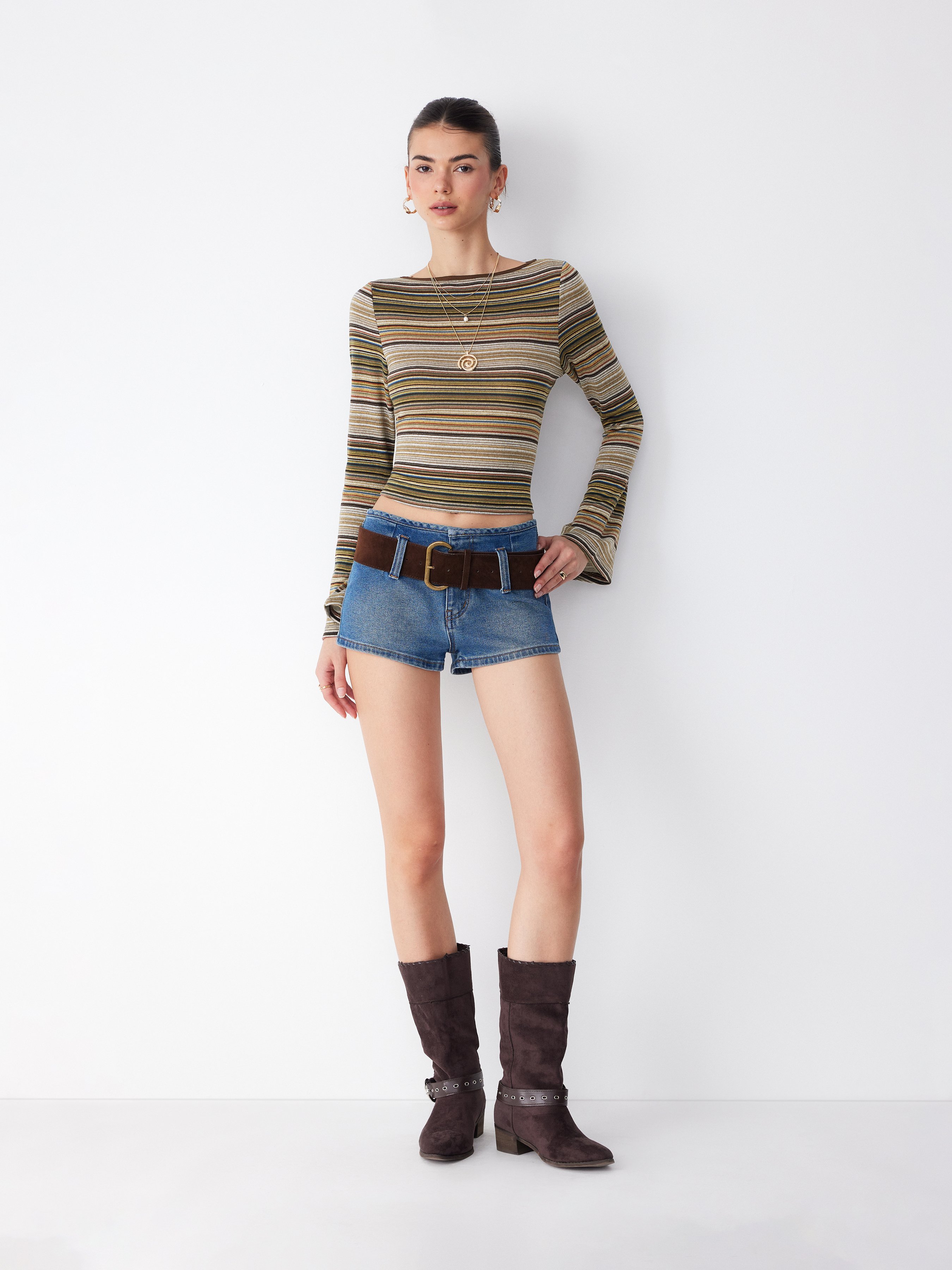 Striped Boat Neck Bell Sleeve Slim Tee — Khaki