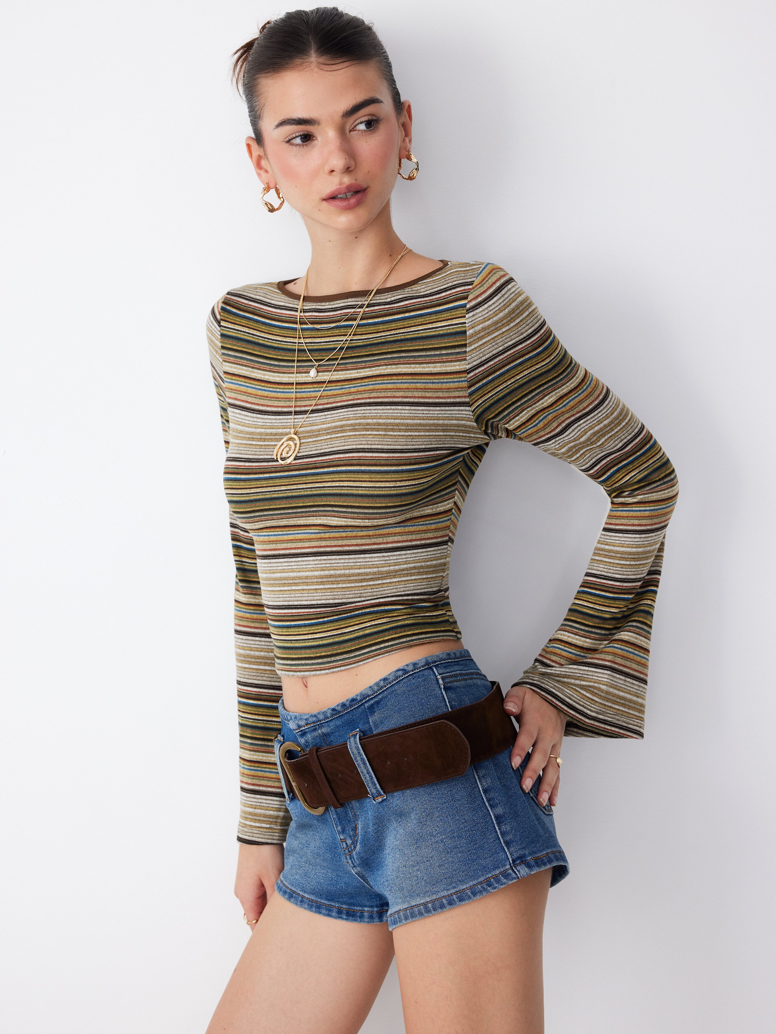 Striped Boat Neck Bell Sleeve Slim Tee — Khaki