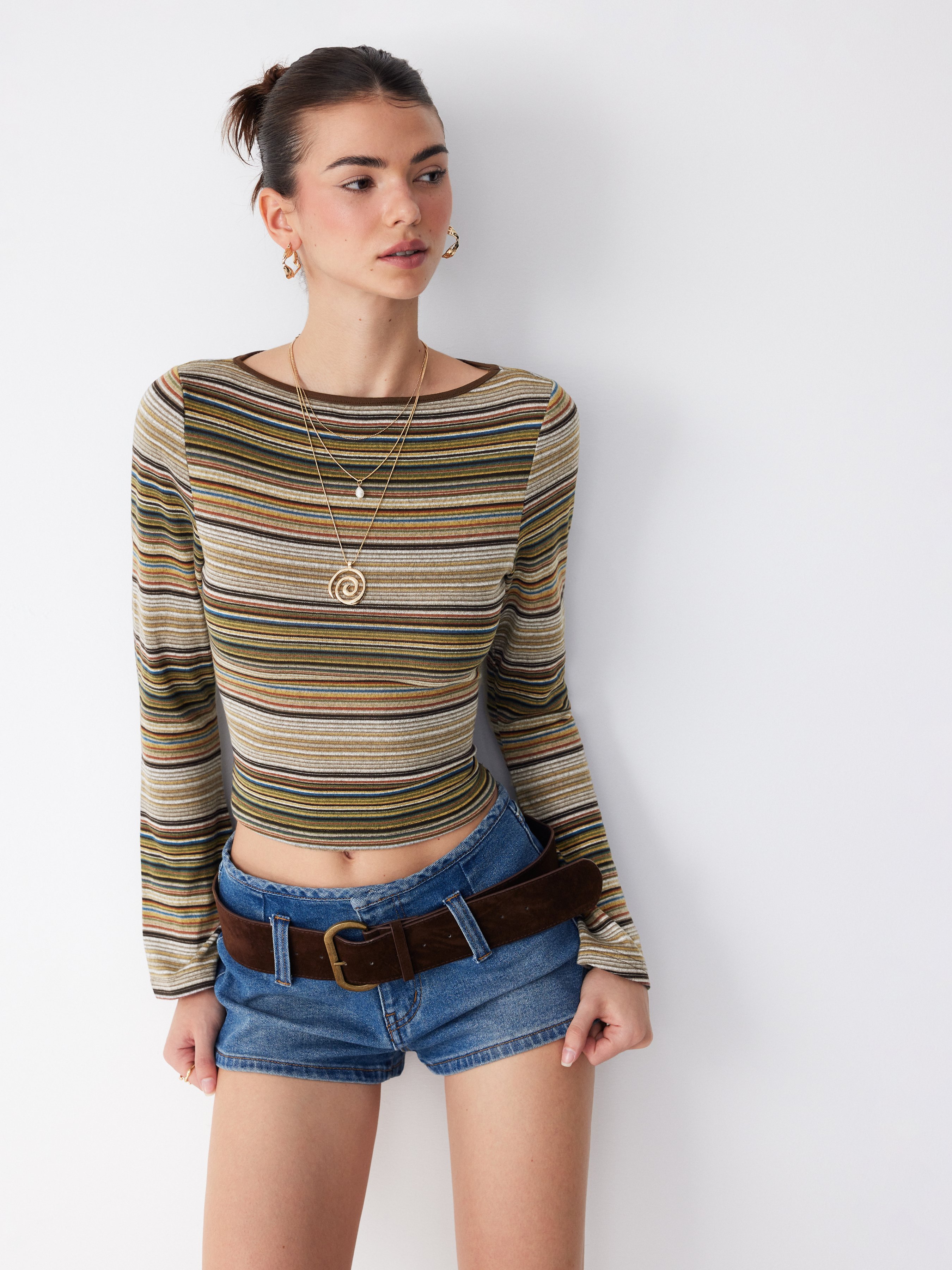 Striped Boat Neck Bell Sleeve Slim Tee — Khaki