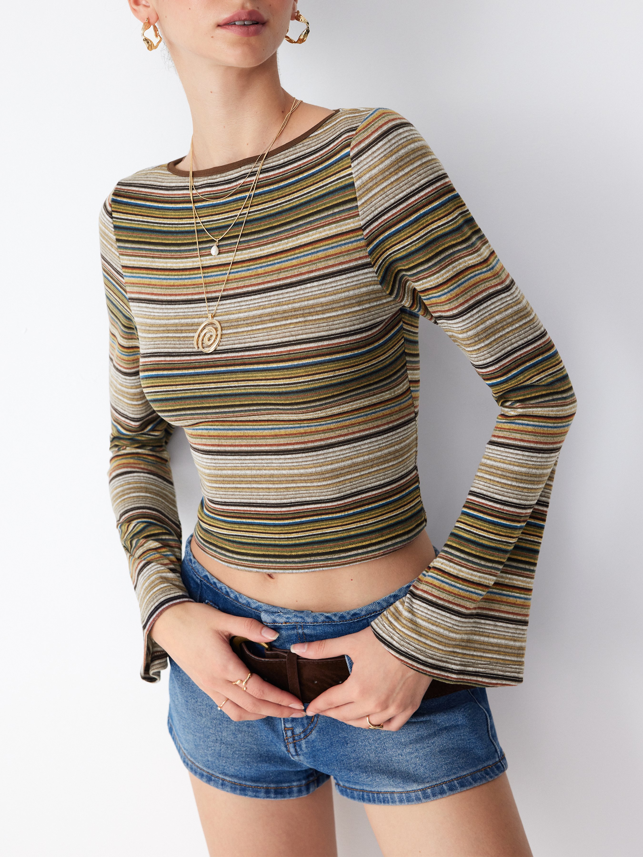 Striped Boat Neck Bell Sleeve Slim Tee — Khaki