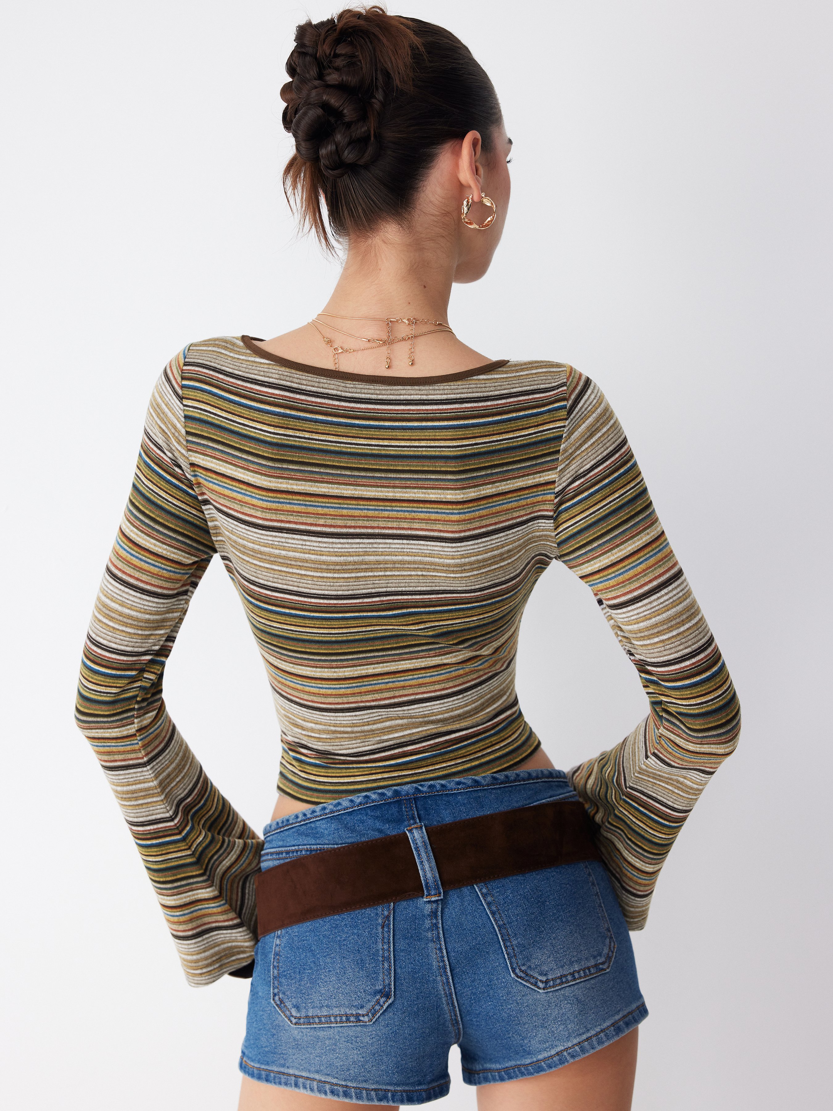 Striped Boat Neck Bell Sleeve Slim Tee — Khaki