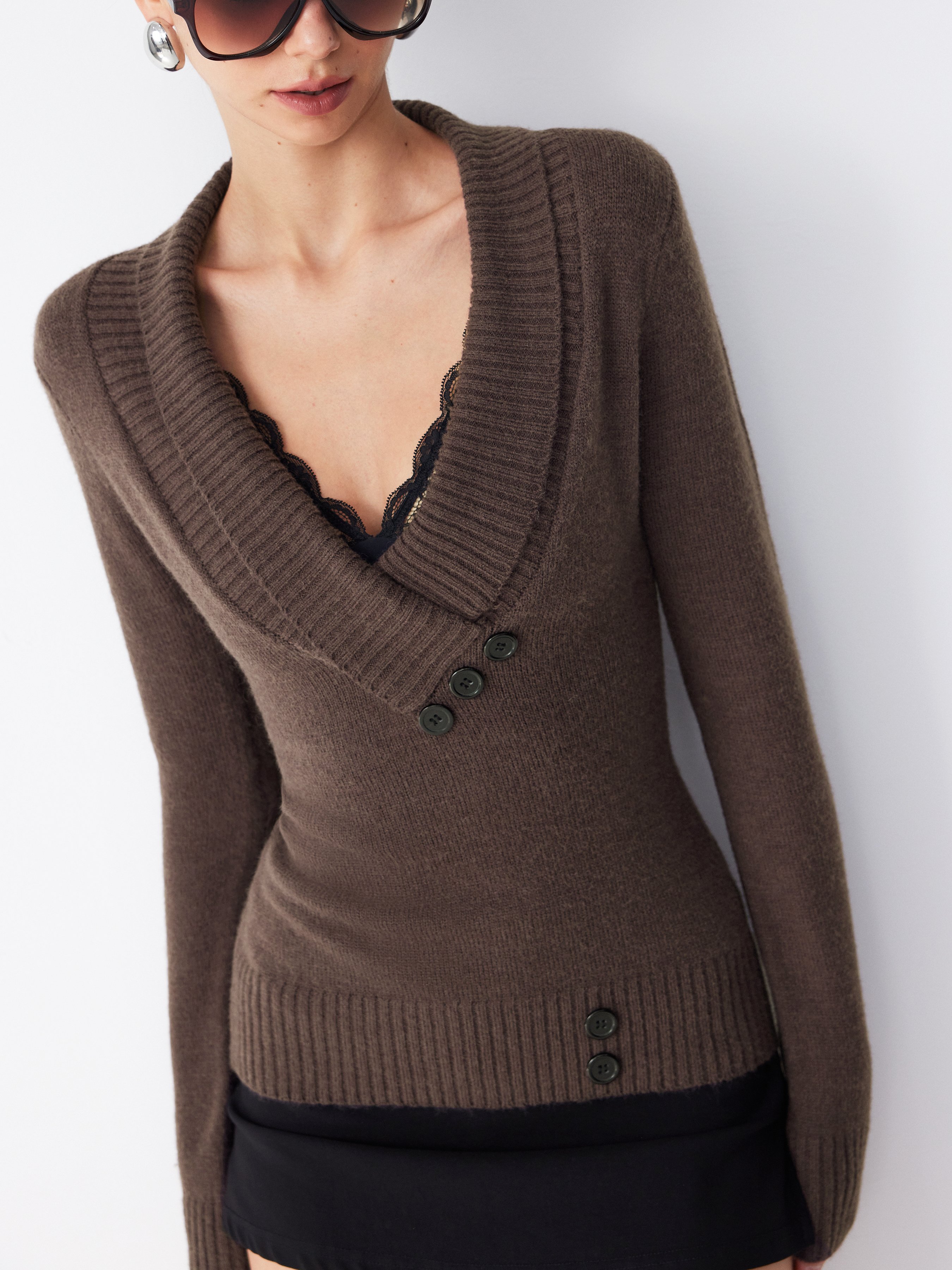 Knit Shawl V-neck Collar Button Detail Sweater — Brown