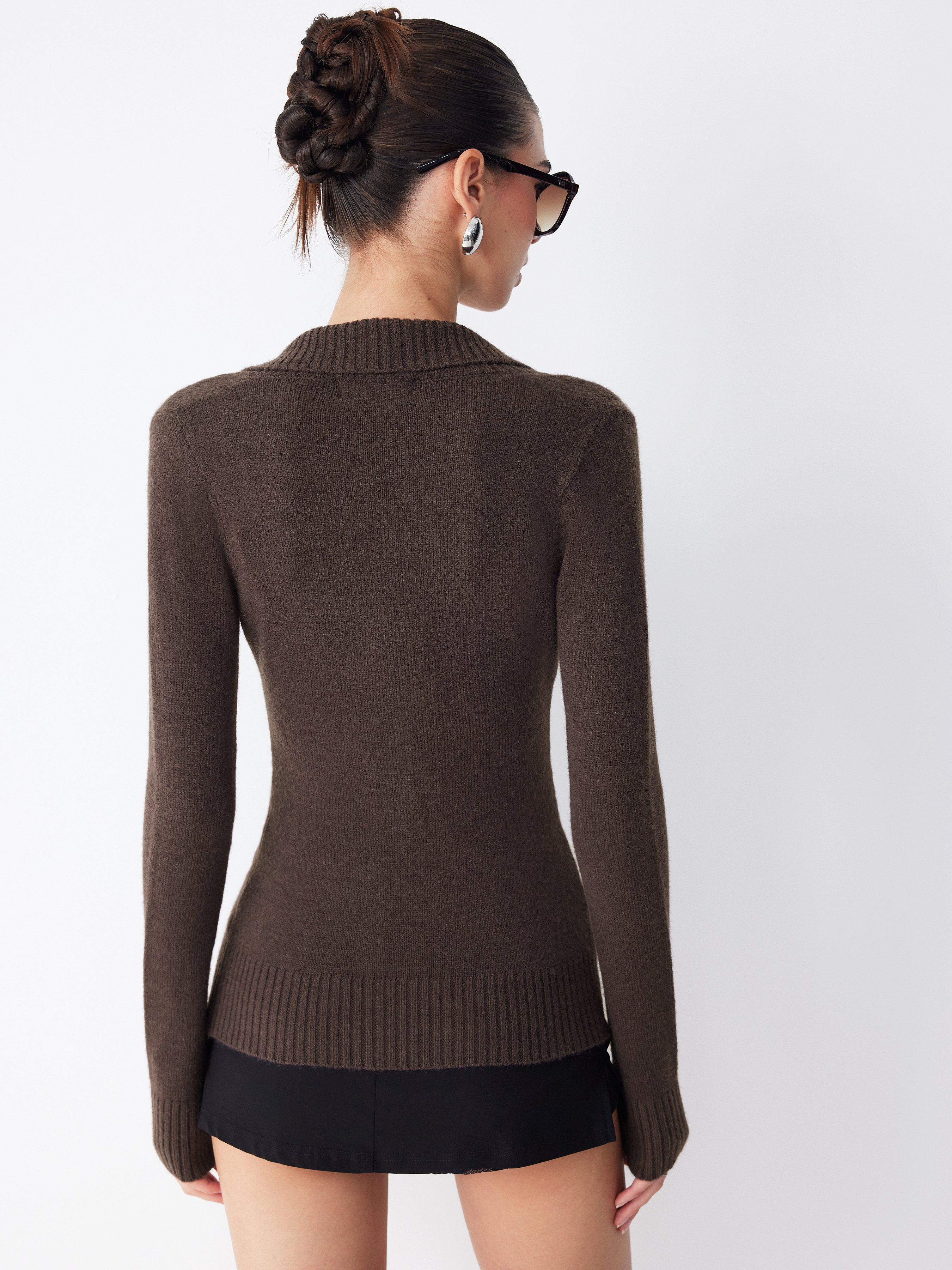 Knit Shawl V-neck Collar Button Detail Sweater — Brown