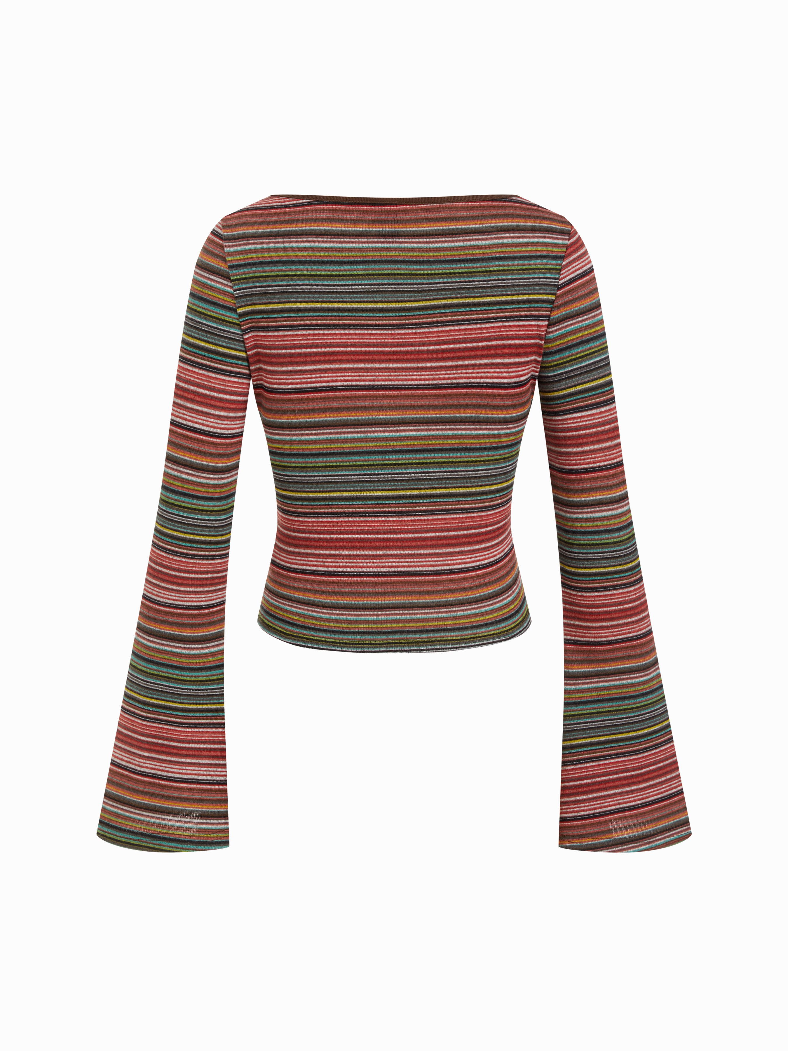 Striped Boat Neck Bell Sleeve Slim Tee — Fiery Red