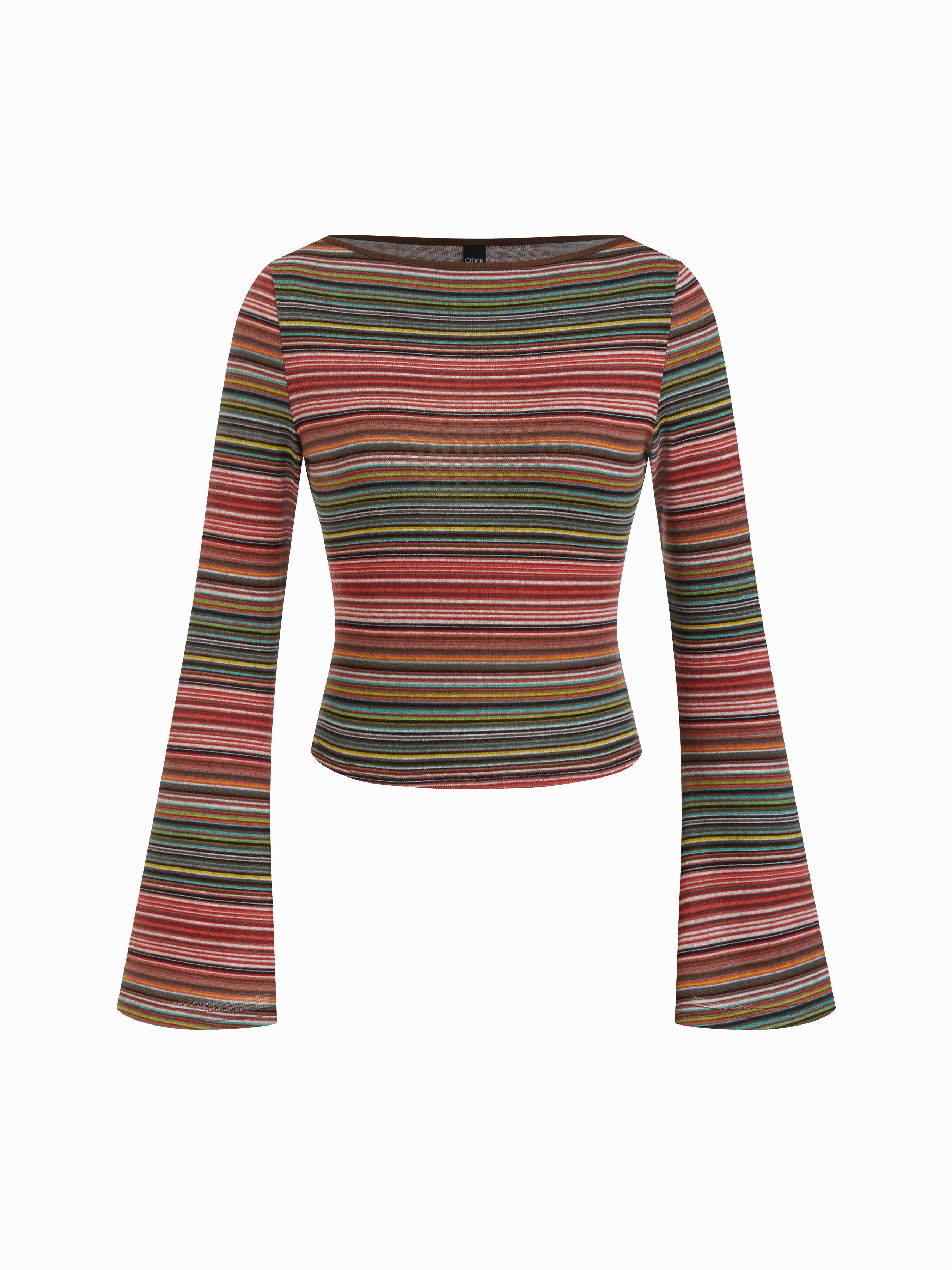 Striped Boat Neck Bell Sleeve Slim Tee — Fiery Red