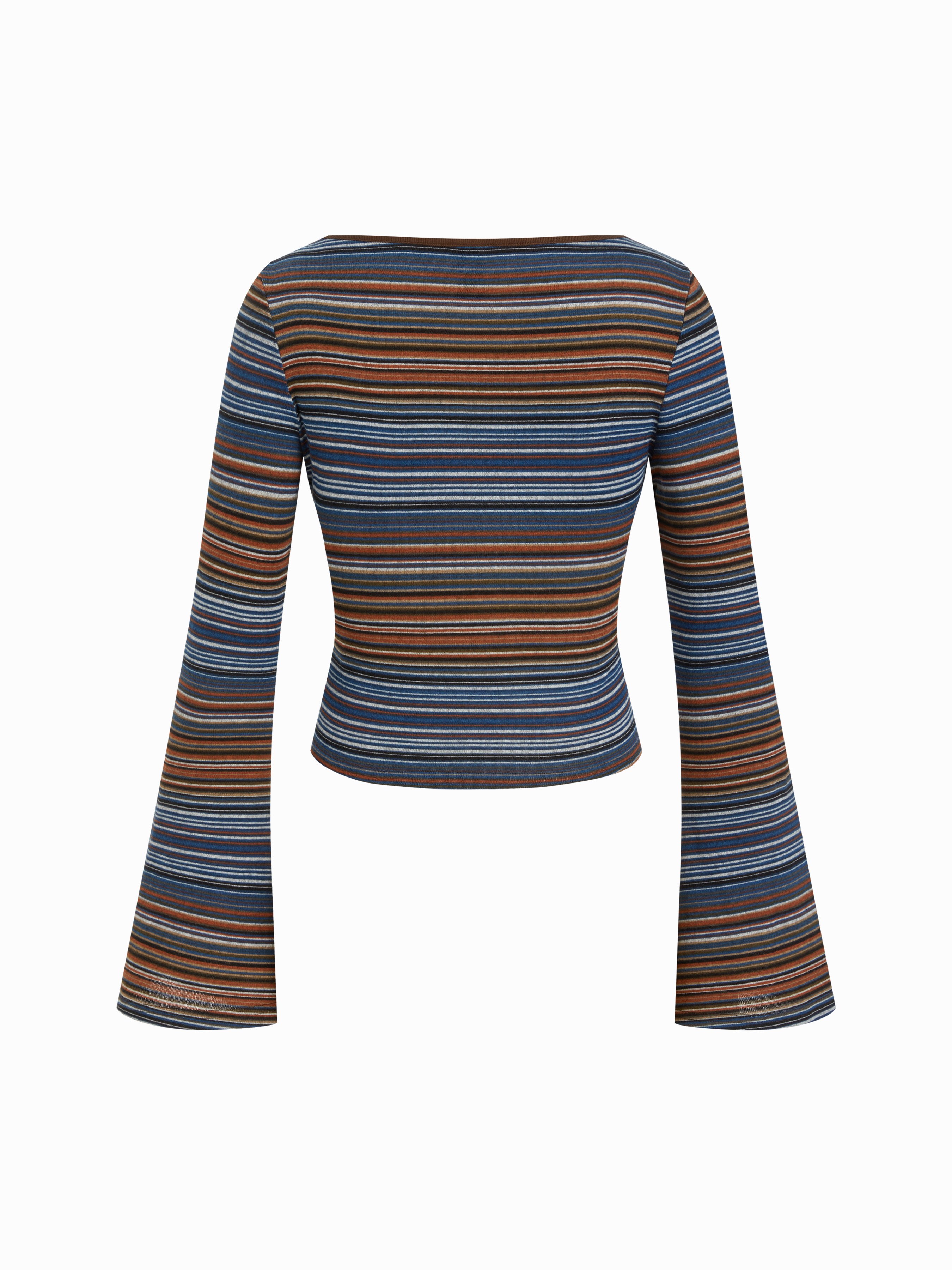 Striped Boat Neck Bell Sleeve Slim Tee — Mid Blue