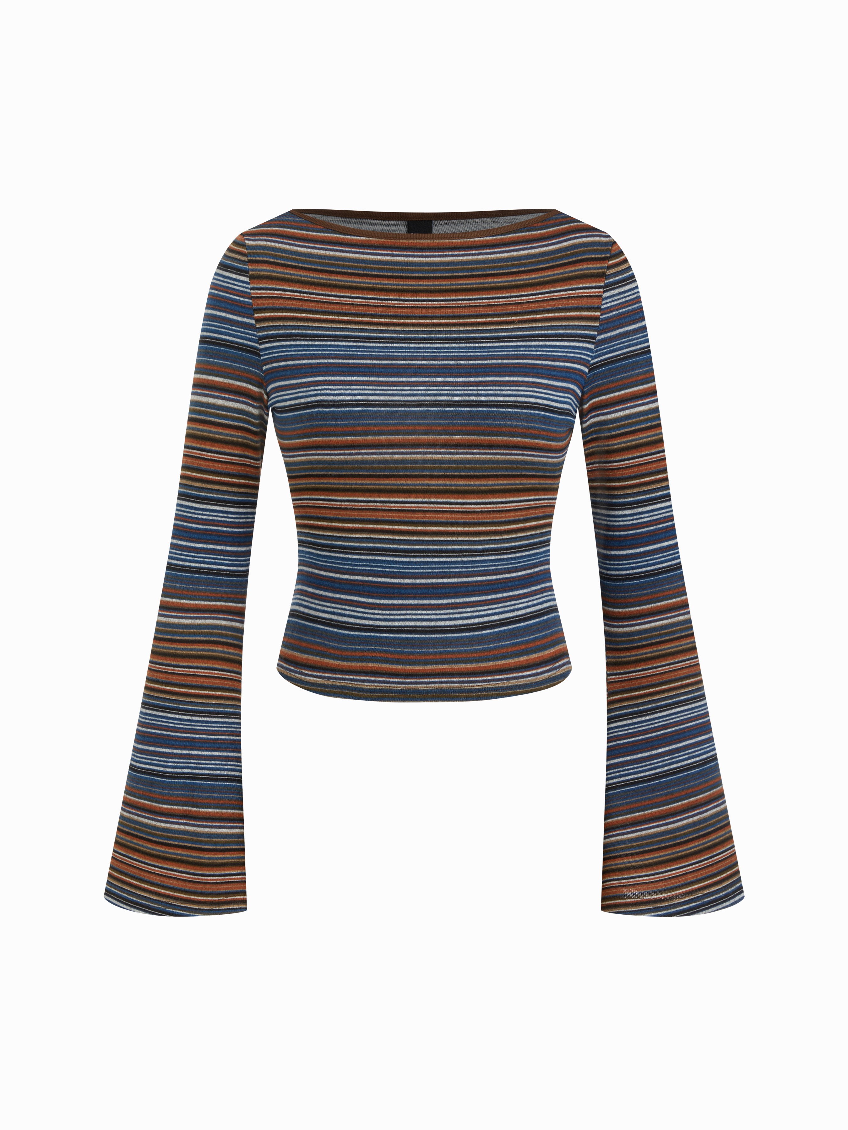 Striped Boat Neck Bell Sleeve Slim Tee — Mid Blue