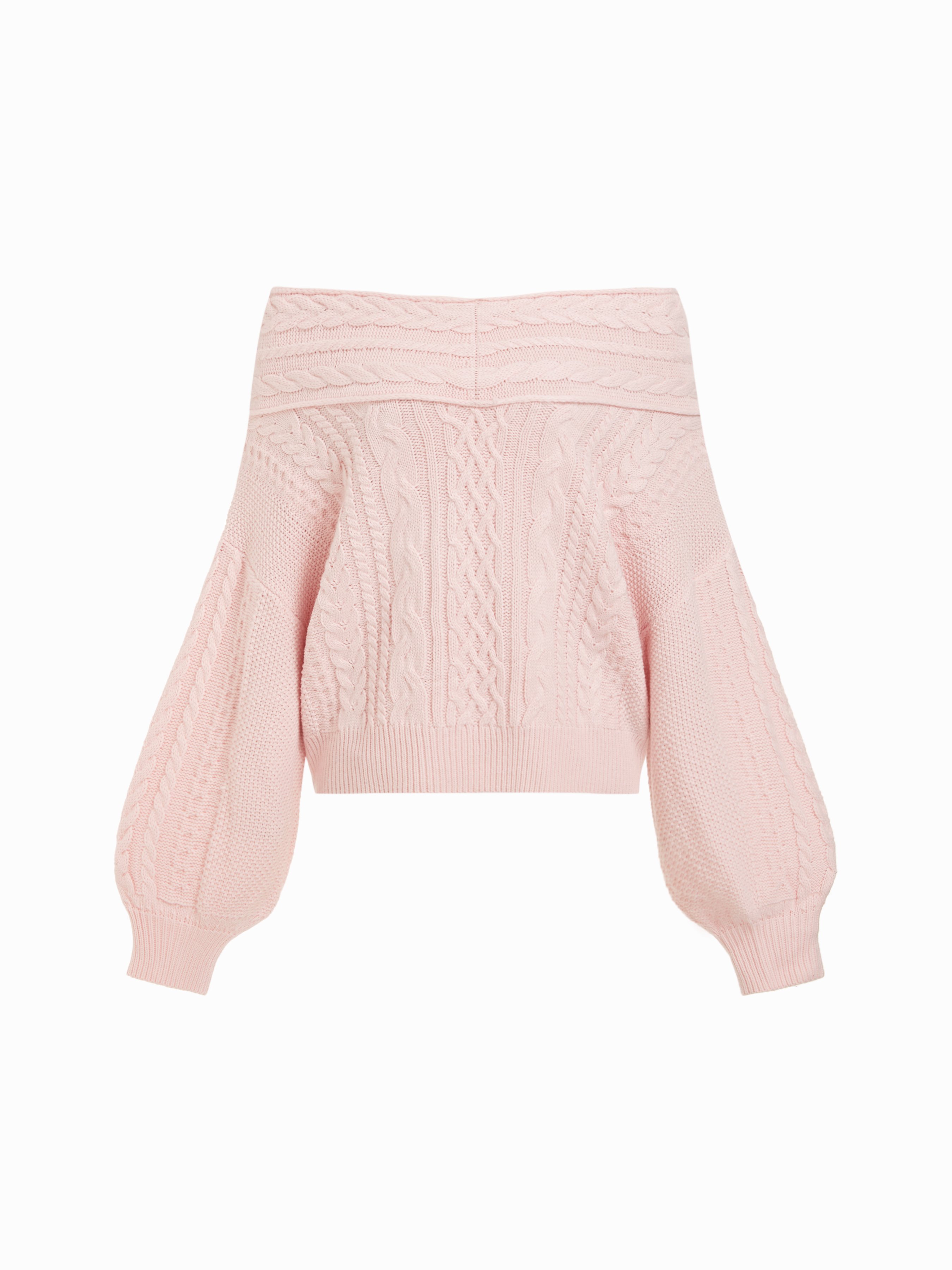 Cable Knit Off-shoulder Lantern Sleeve Oversized Top — Pink