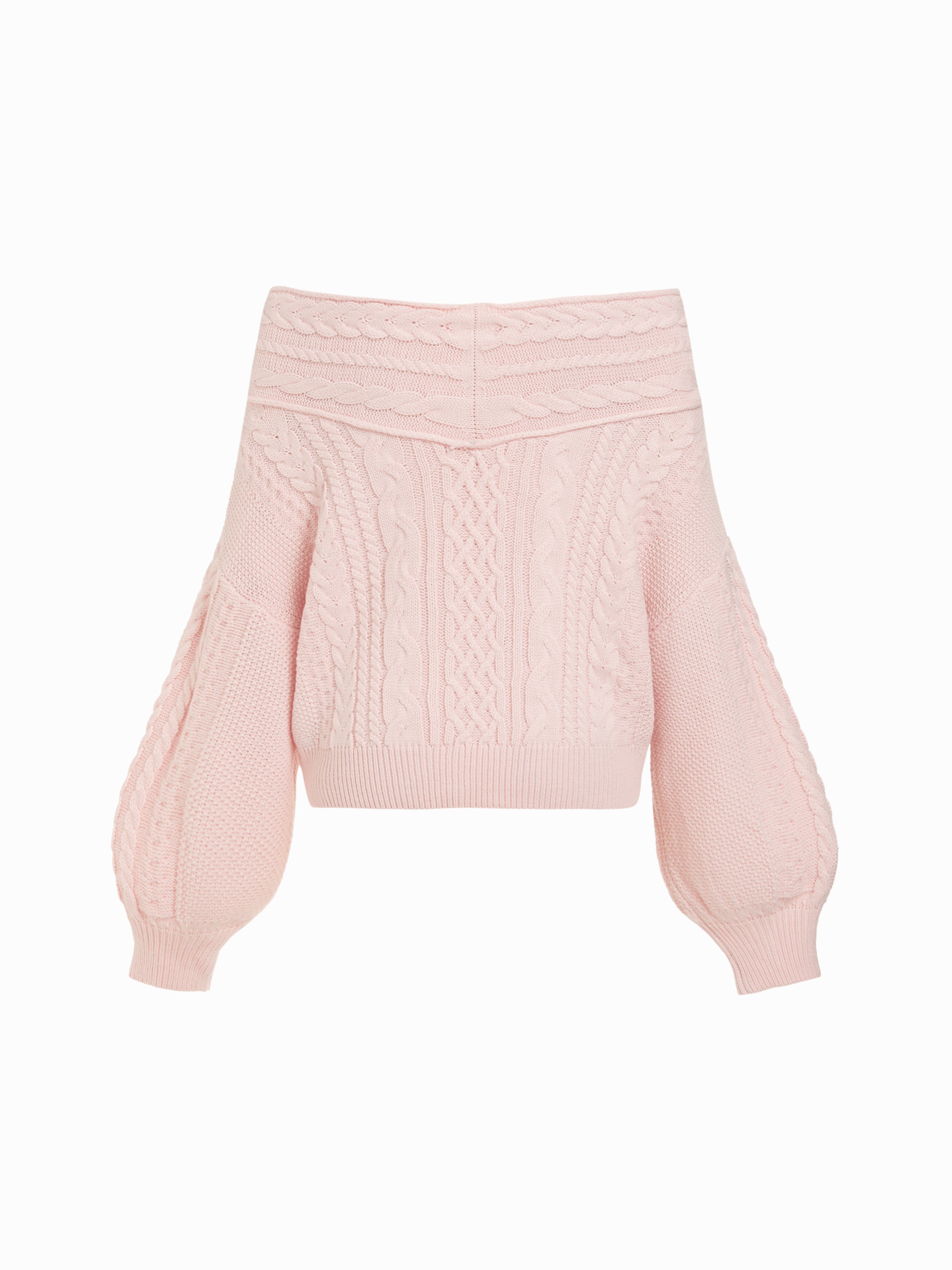 Cable Knit Off-shoulder Lantern Sleeve Oversized Top — Pink