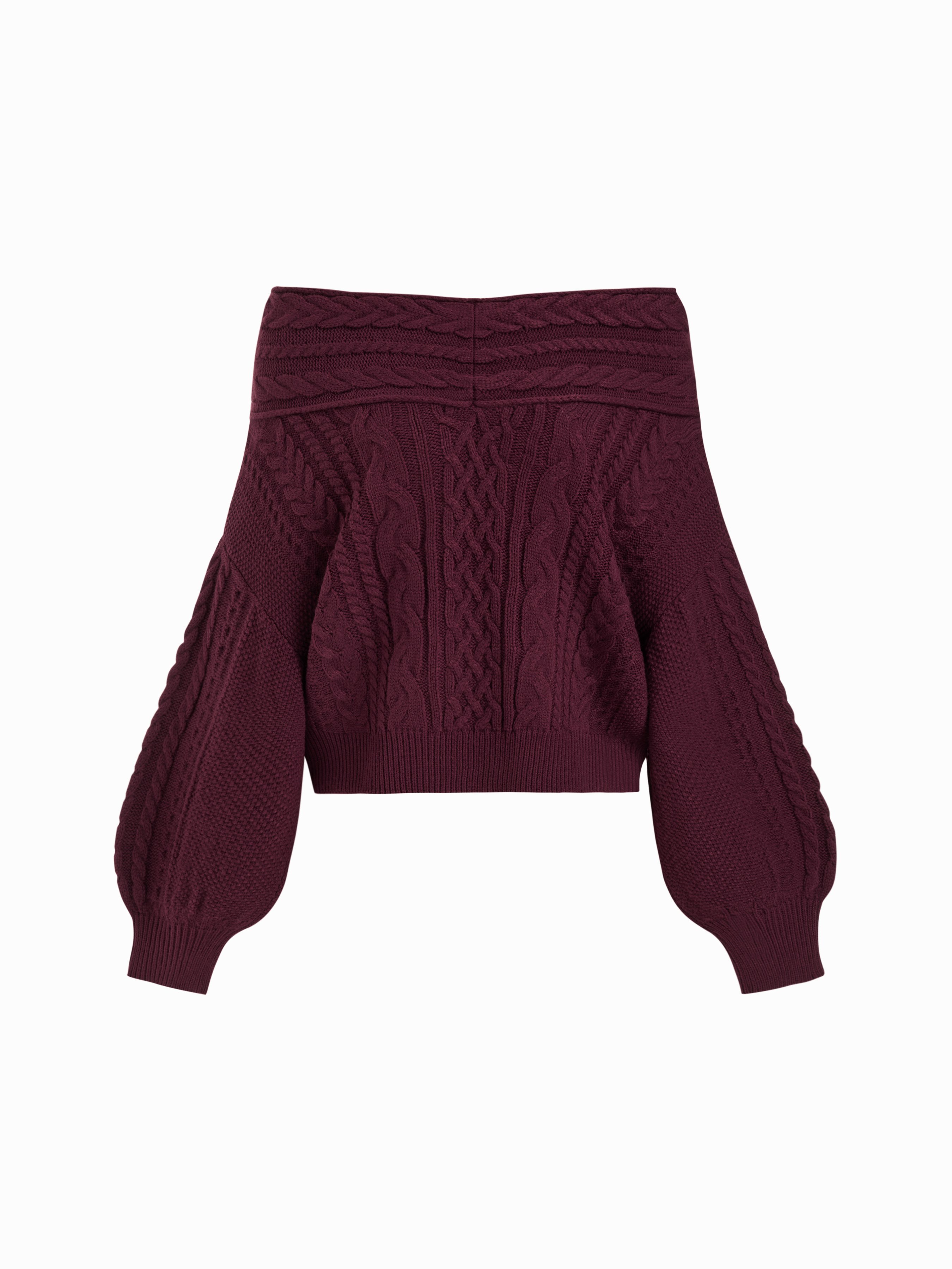Cable Knit Off-shoulder Lantern Sleeve Oversized Top — Purple Fig