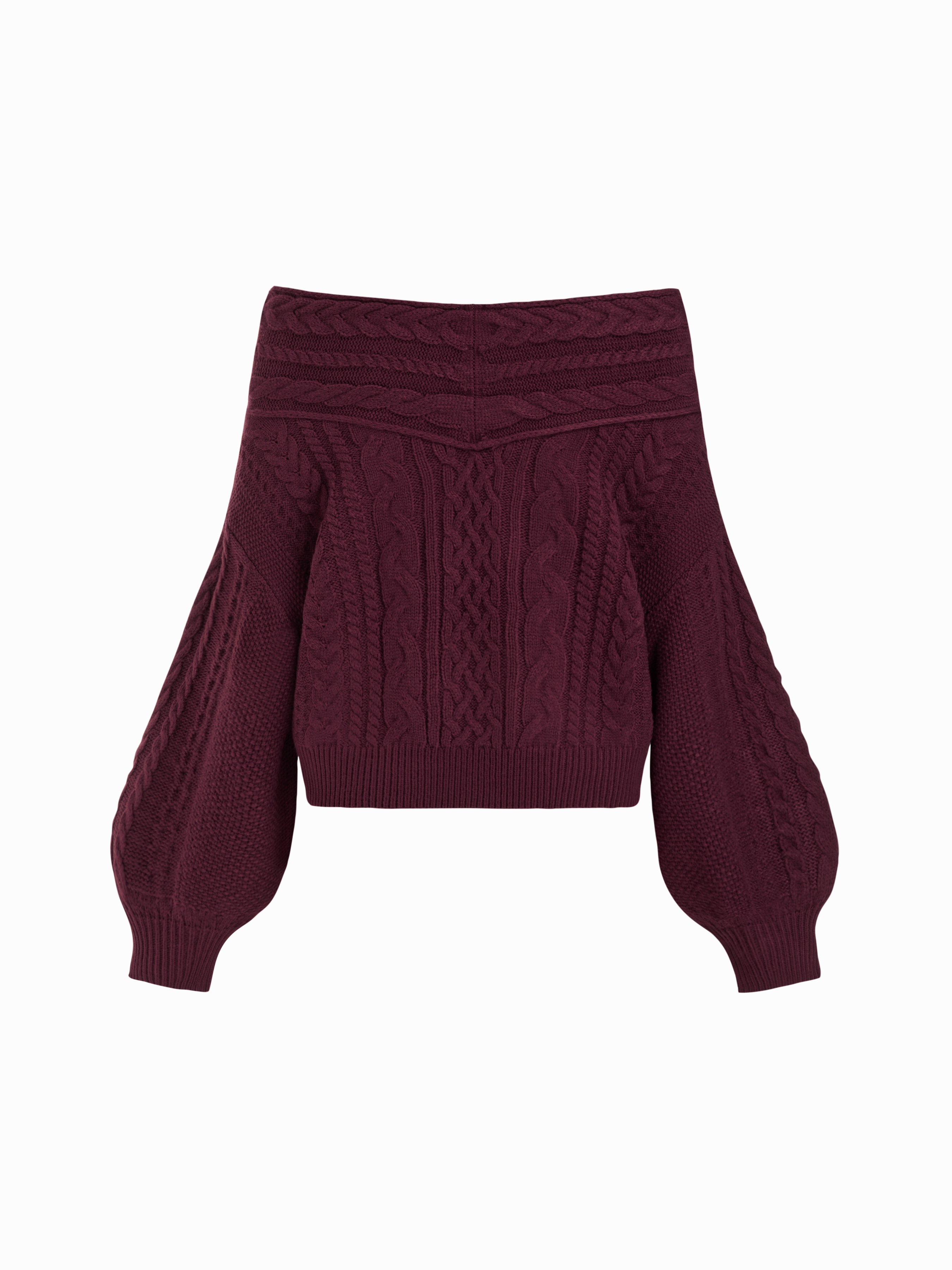 Cable Knit Off-shoulder Lantern Sleeve Oversized Top — Purple Fig