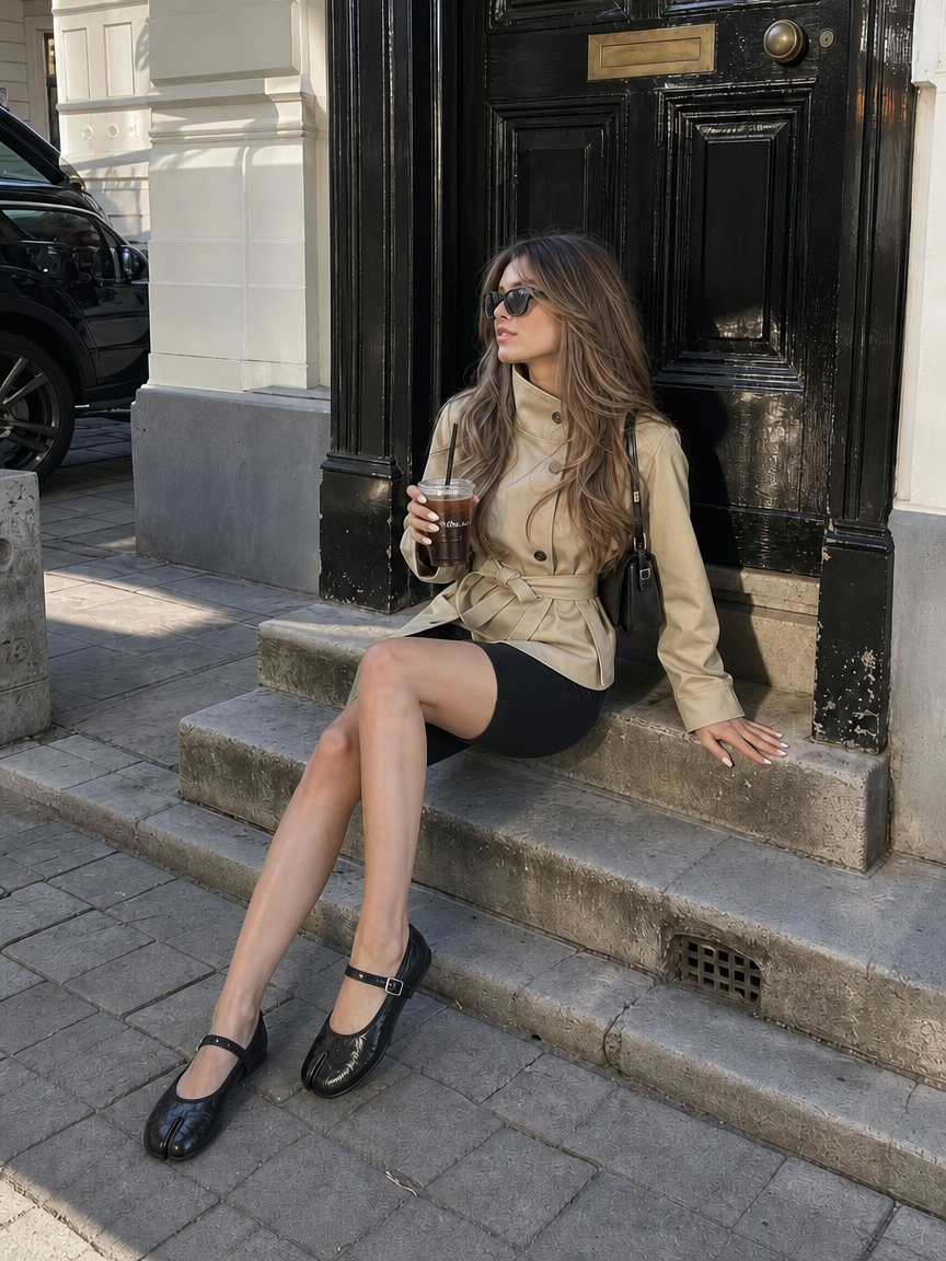 BUCKET SPLIT TOE MARY JANE FLATS — Black