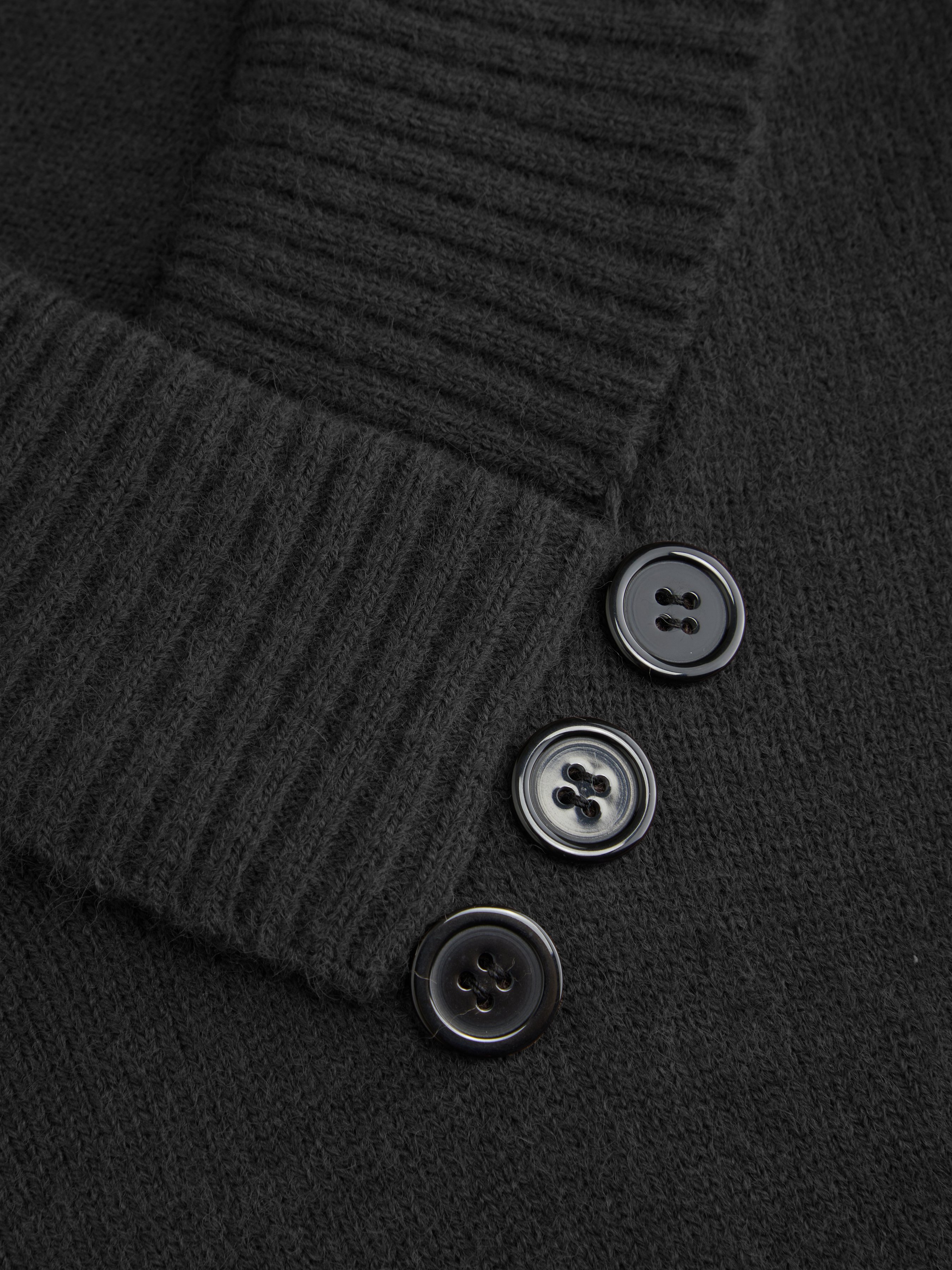 Knit Shawl V-neck Collar Button Detail Sweater — Black