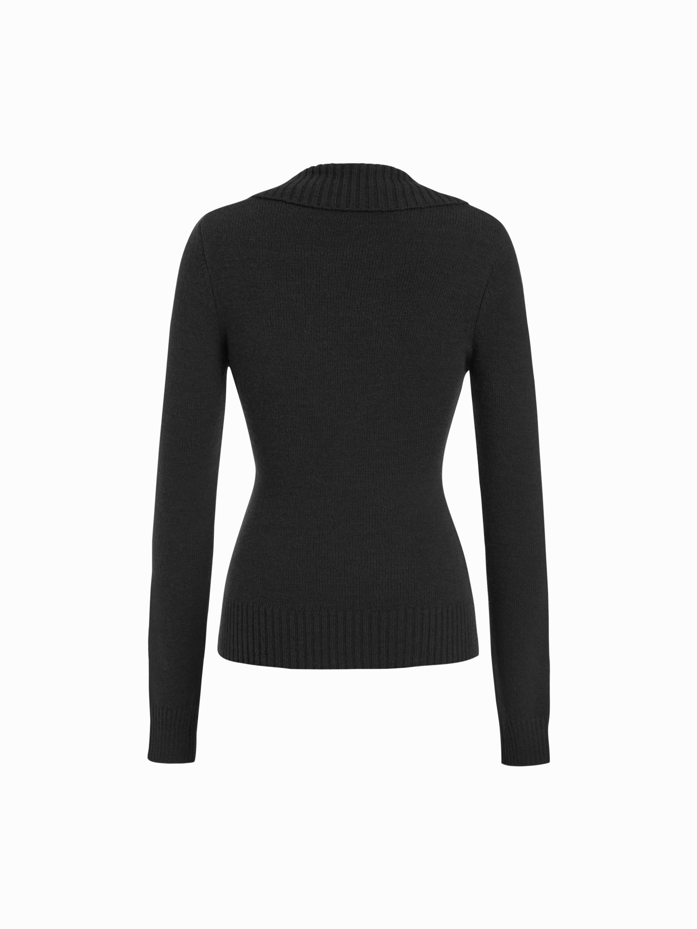 Knit Shawl V-neck Collar Button Detail Sweater — Black