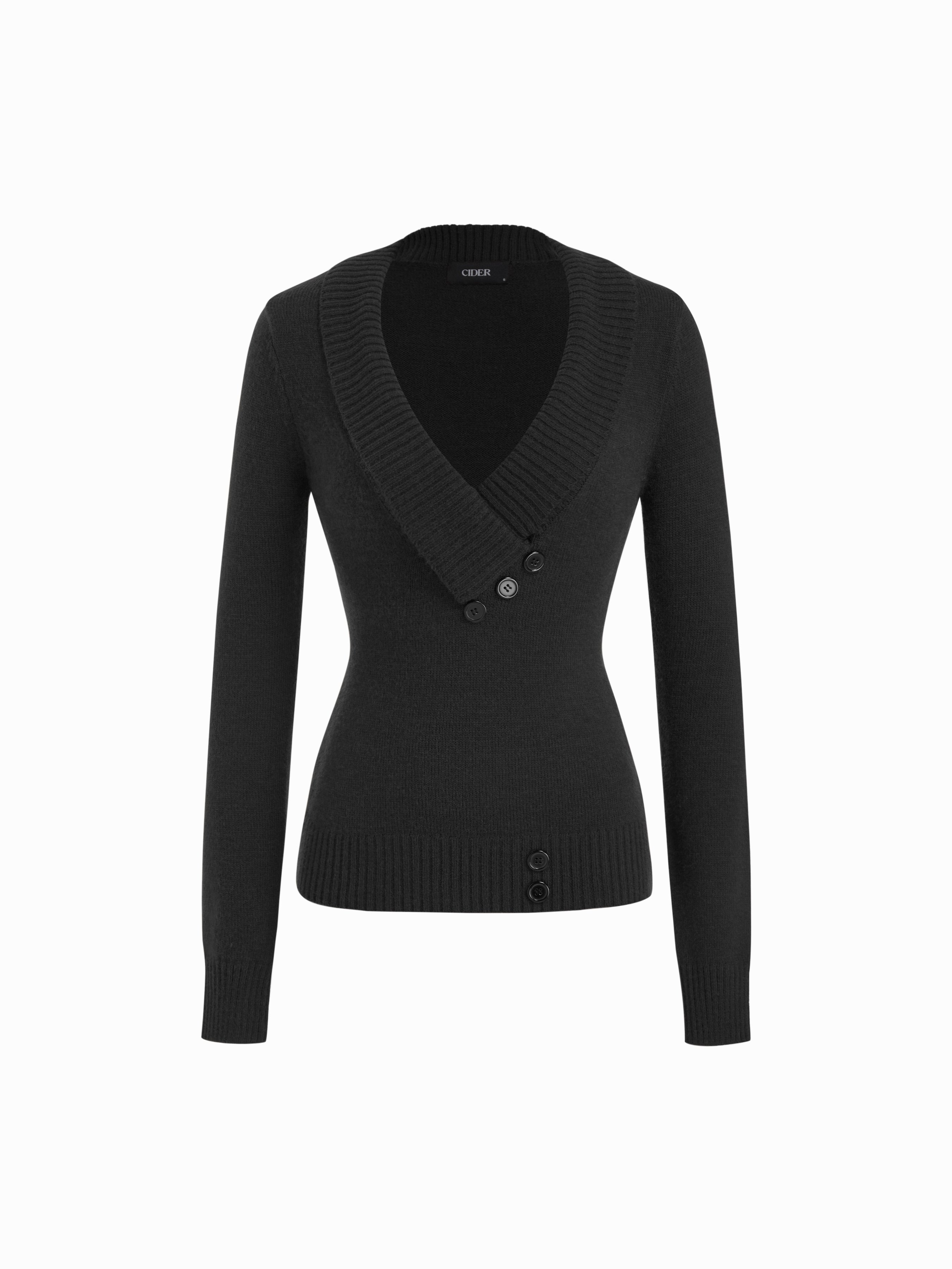 Knit Shawl V-neck Collar Button Detail Sweater — Black