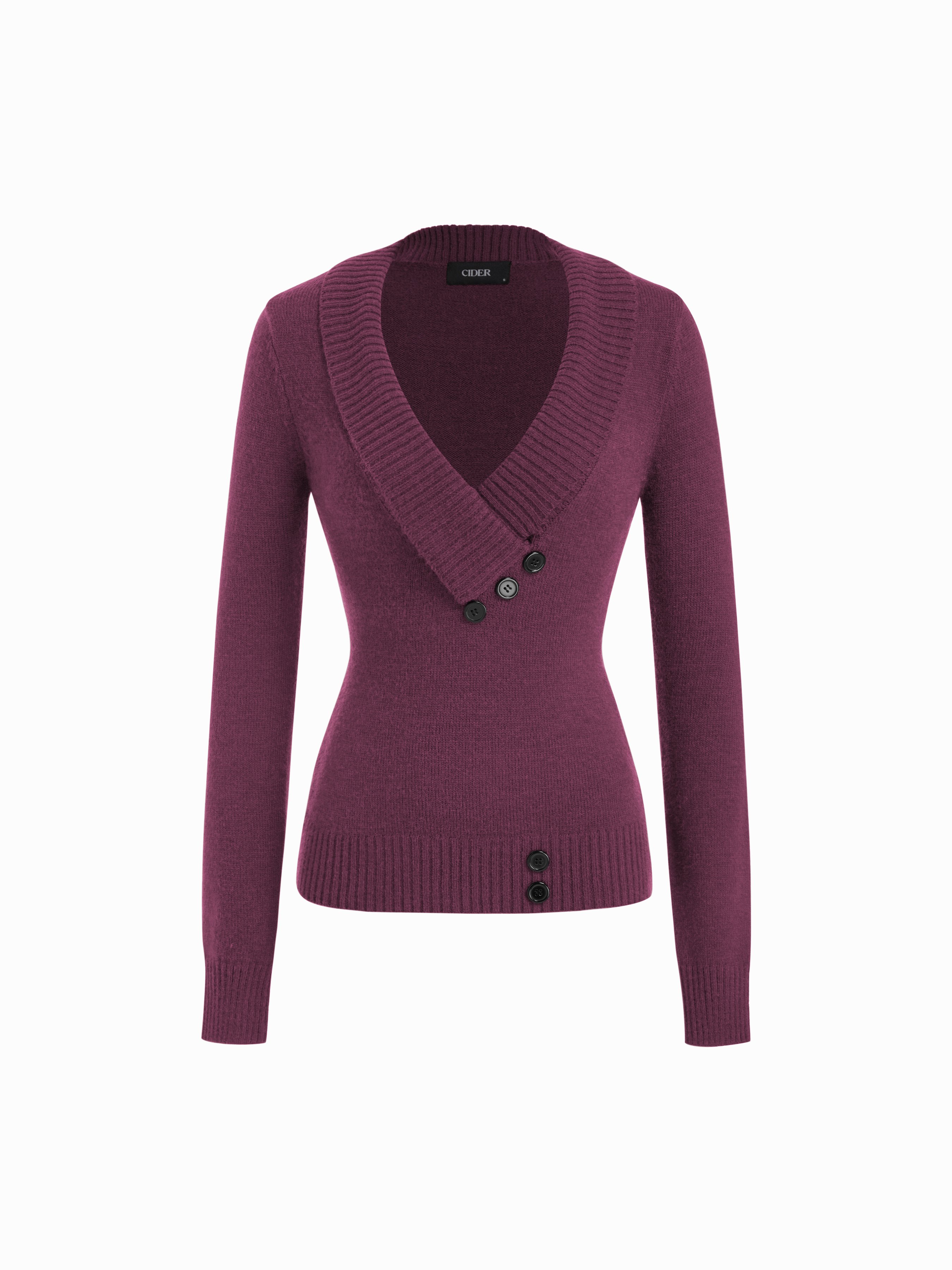 Knit Shawl V-neck Collar Button Detail Sweater — Purple Fig