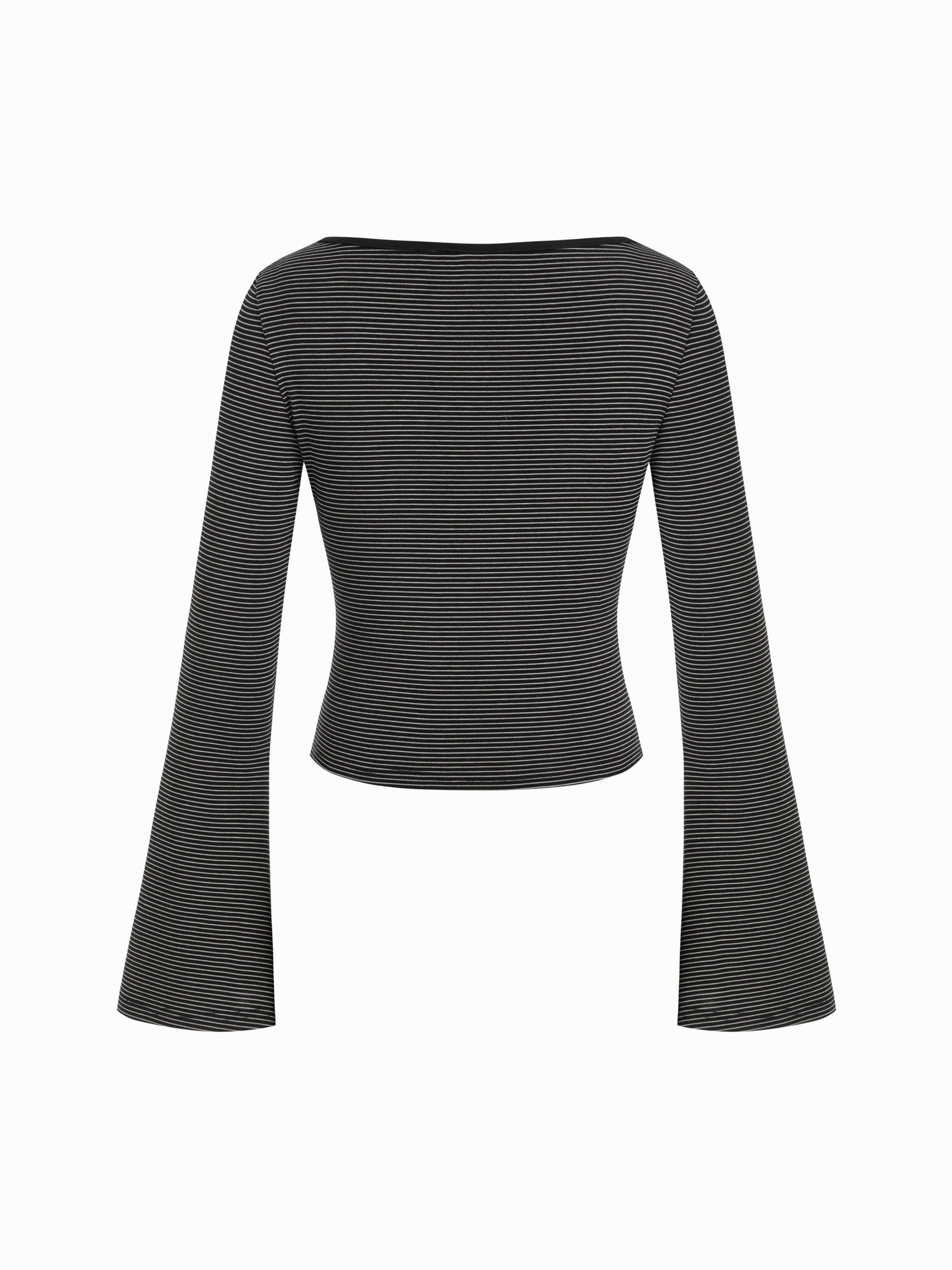 Striped Boat Neck Bell Sleeve Slim Tee — Black Stripe