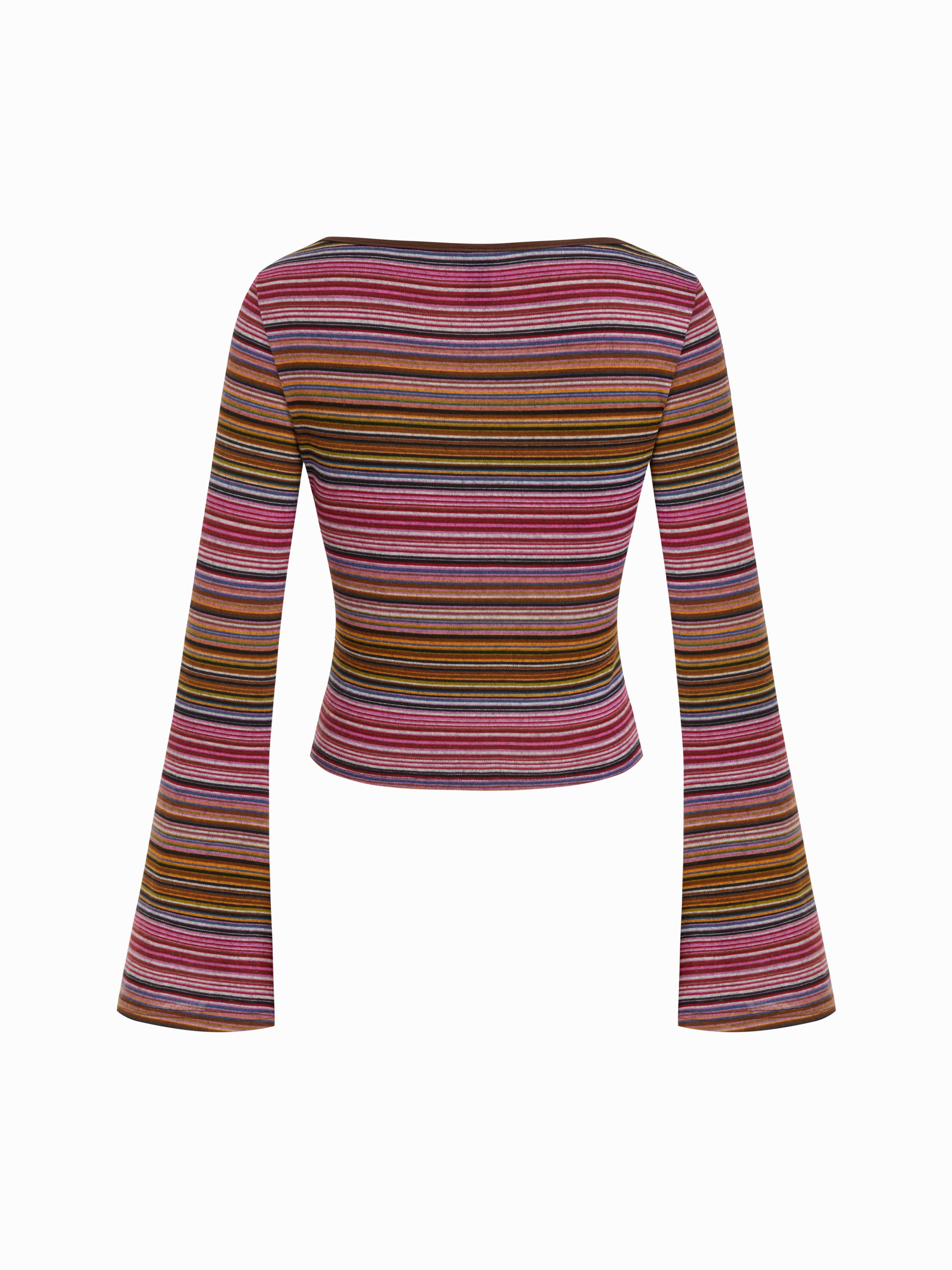 Striped Boat Neck Bell Sleeve Slim Tee — Pink