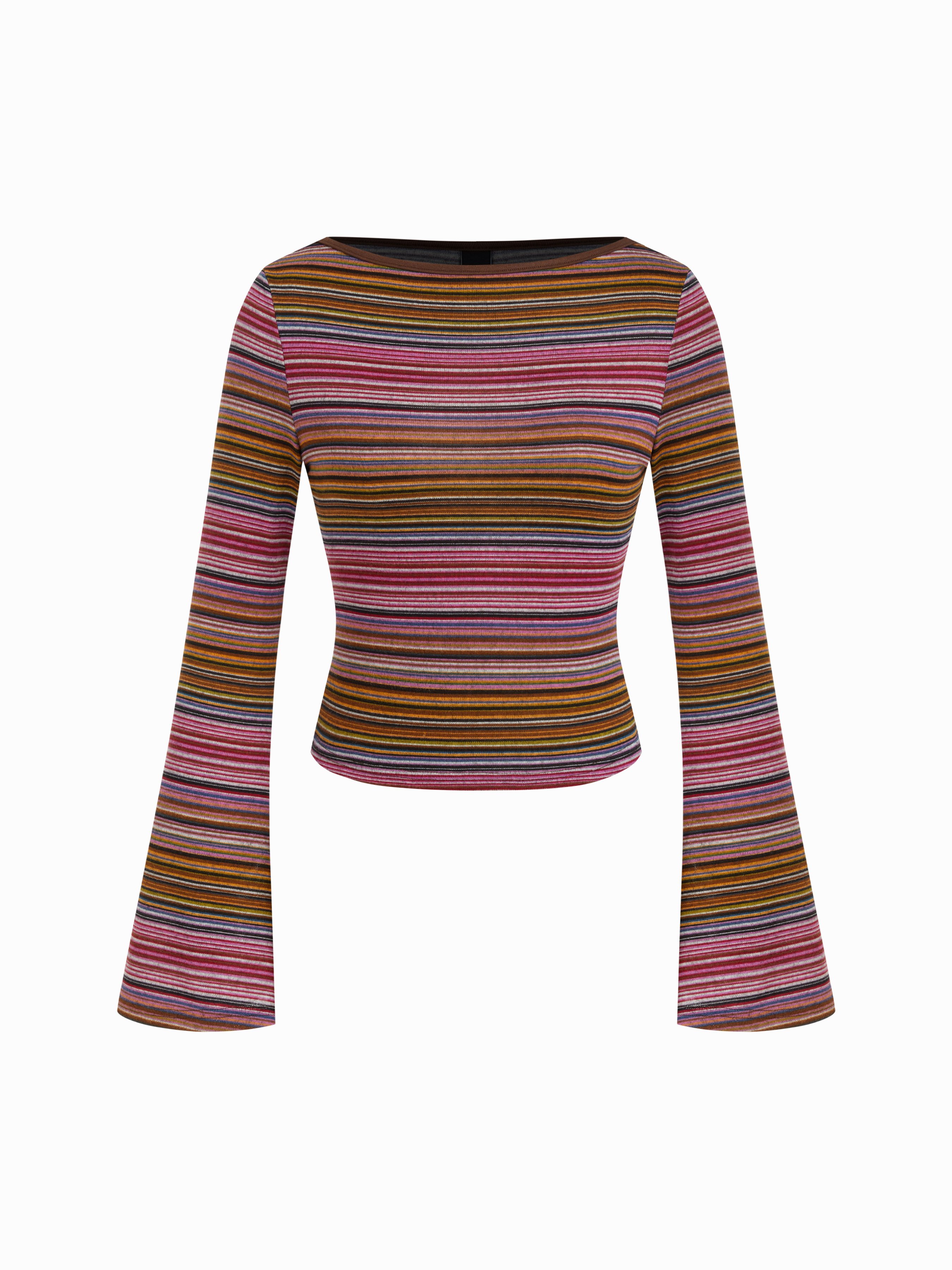 Striped Boat Neck Bell Sleeve Slim Tee — Pink