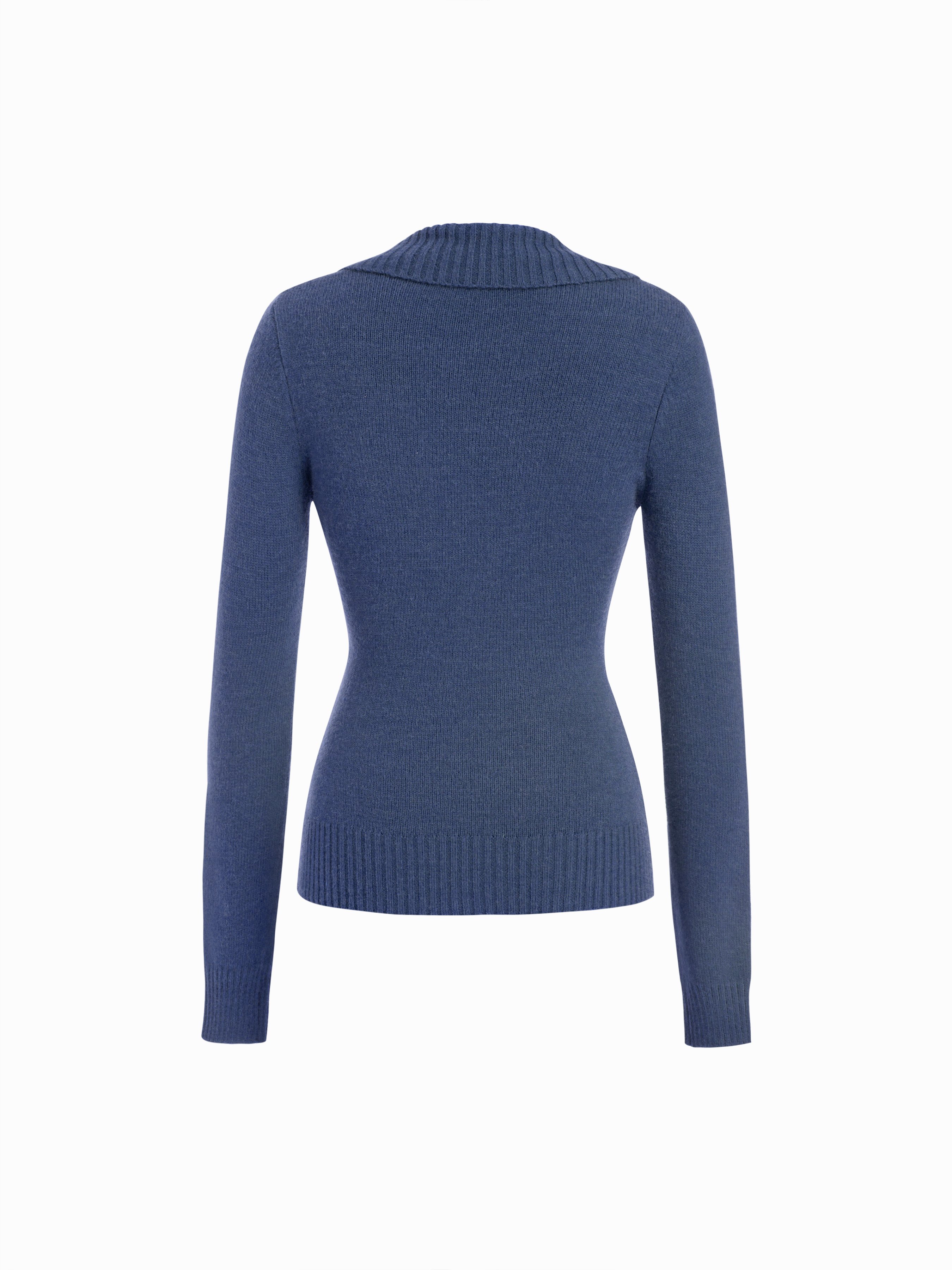 Knit Shawl V-neck Collar Button Detail Sweater — Mid Blue