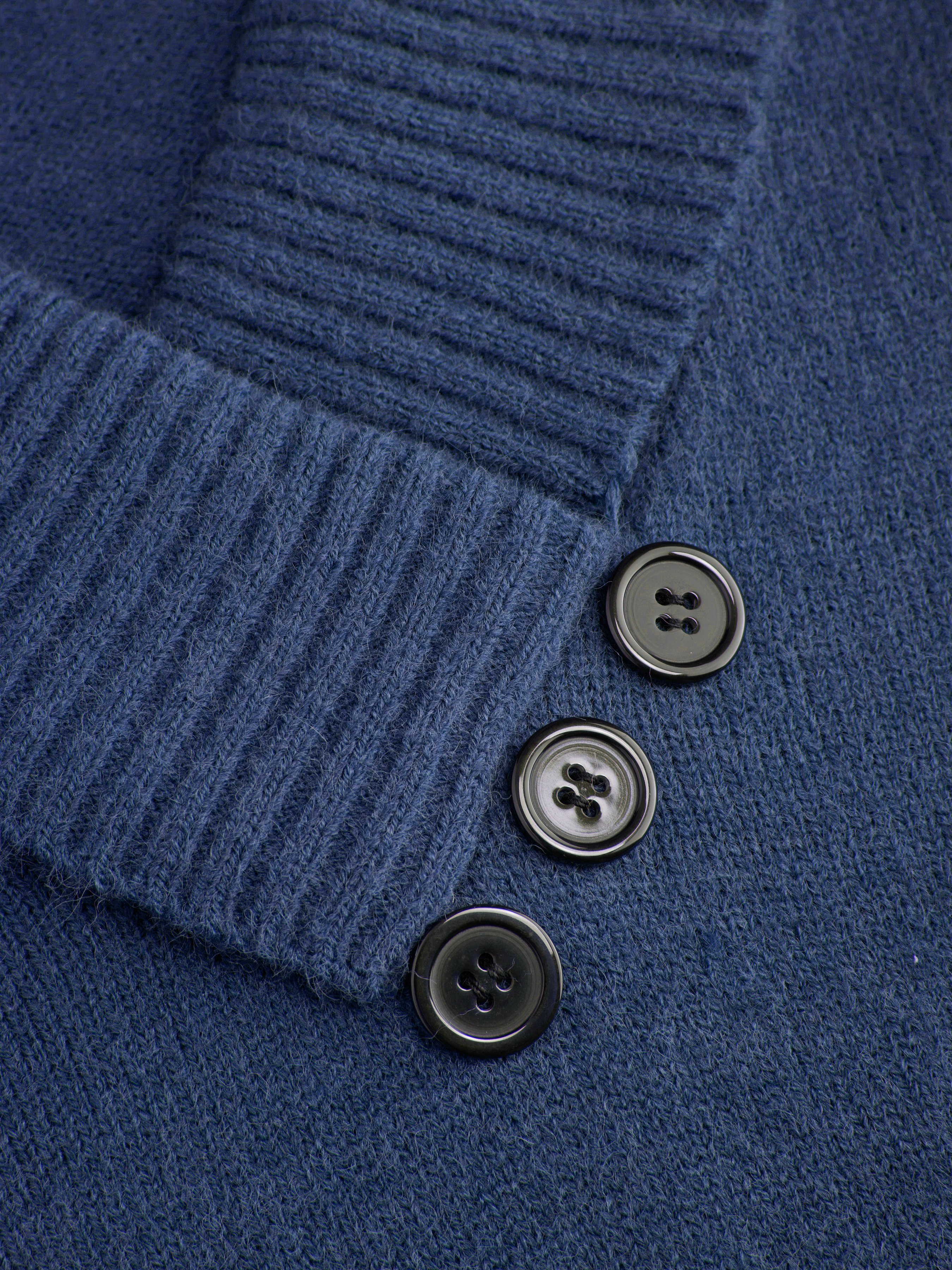 Knit Shawl V-neck Collar Button Detail Sweater — Mid Blue