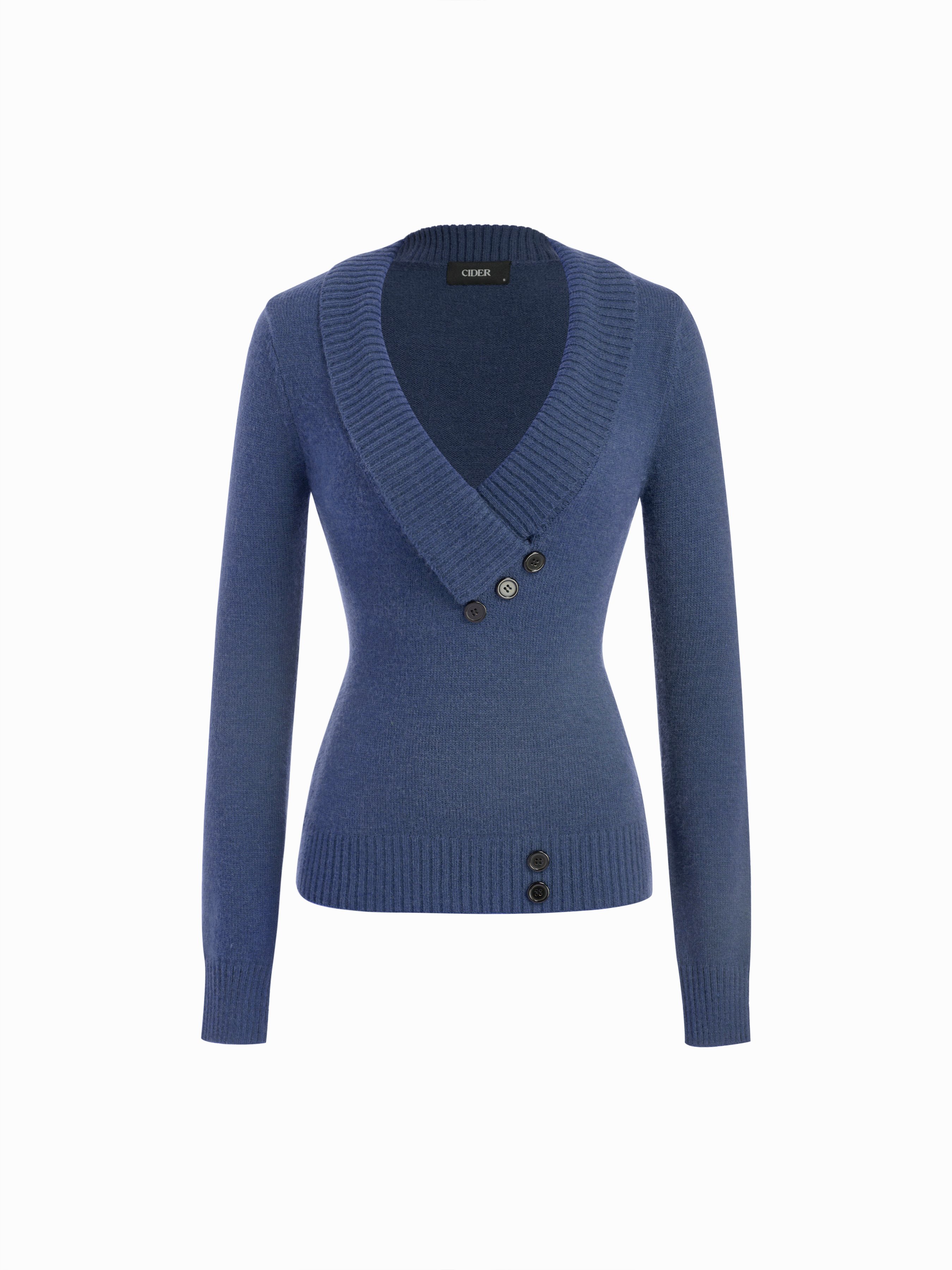 Knit Shawl V-neck Collar Button Detail Sweater — Mid Blue