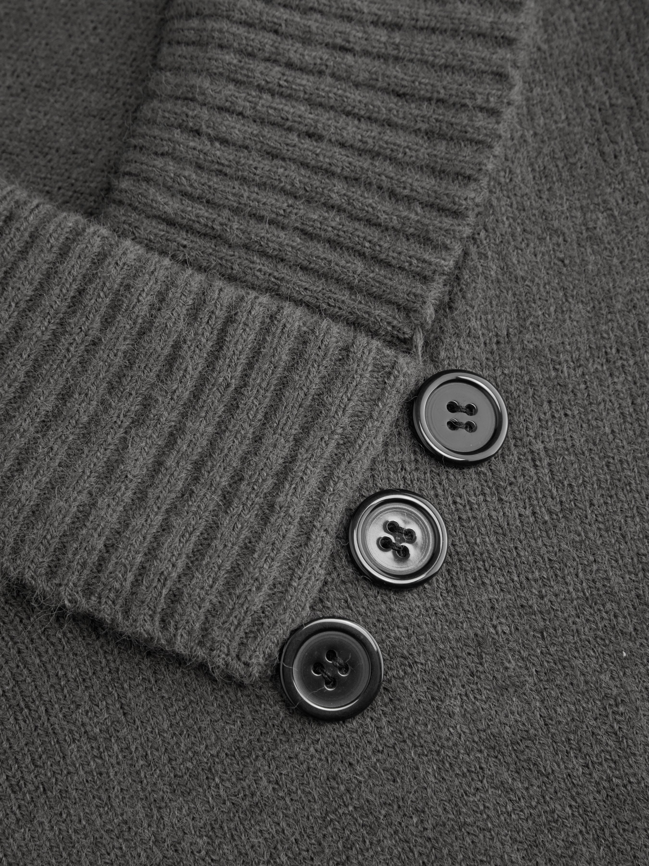Knit Shawl V-neck Collar Button Detail Sweater — Grey