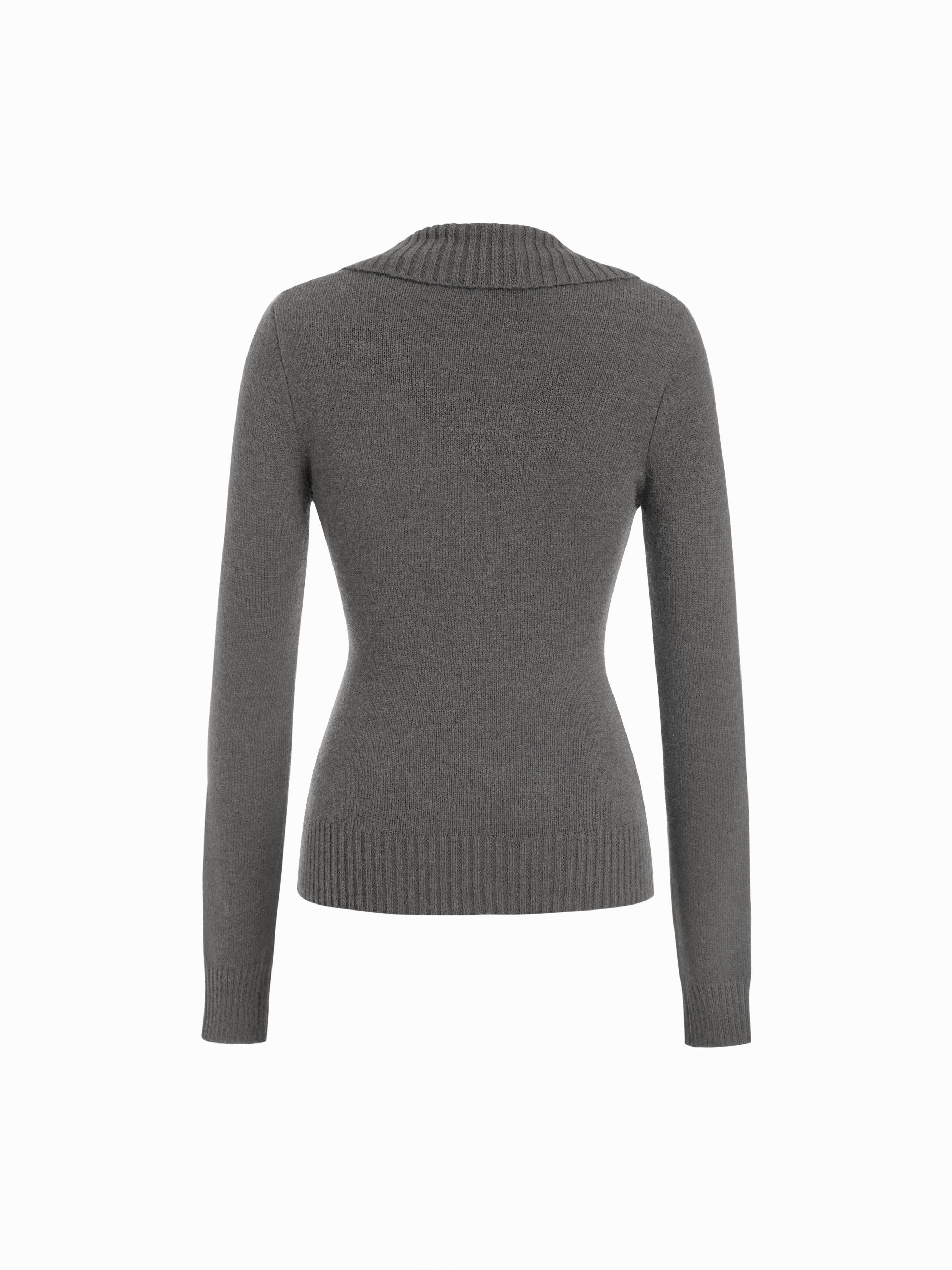 Knit Shawl V-neck Collar Button Detail Sweater — Grey