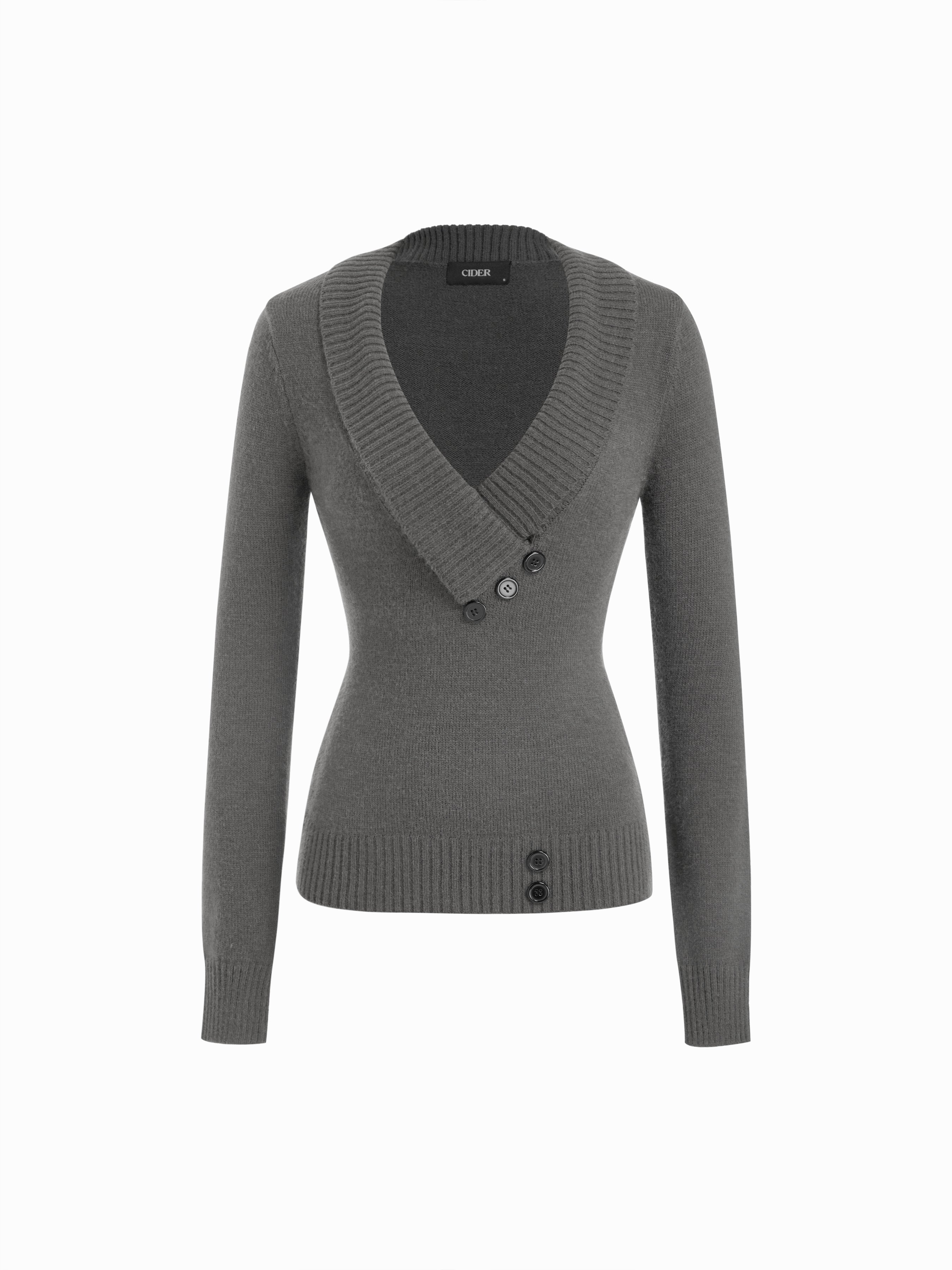 Knit Shawl V-neck Collar Button Detail Sweater — Grey