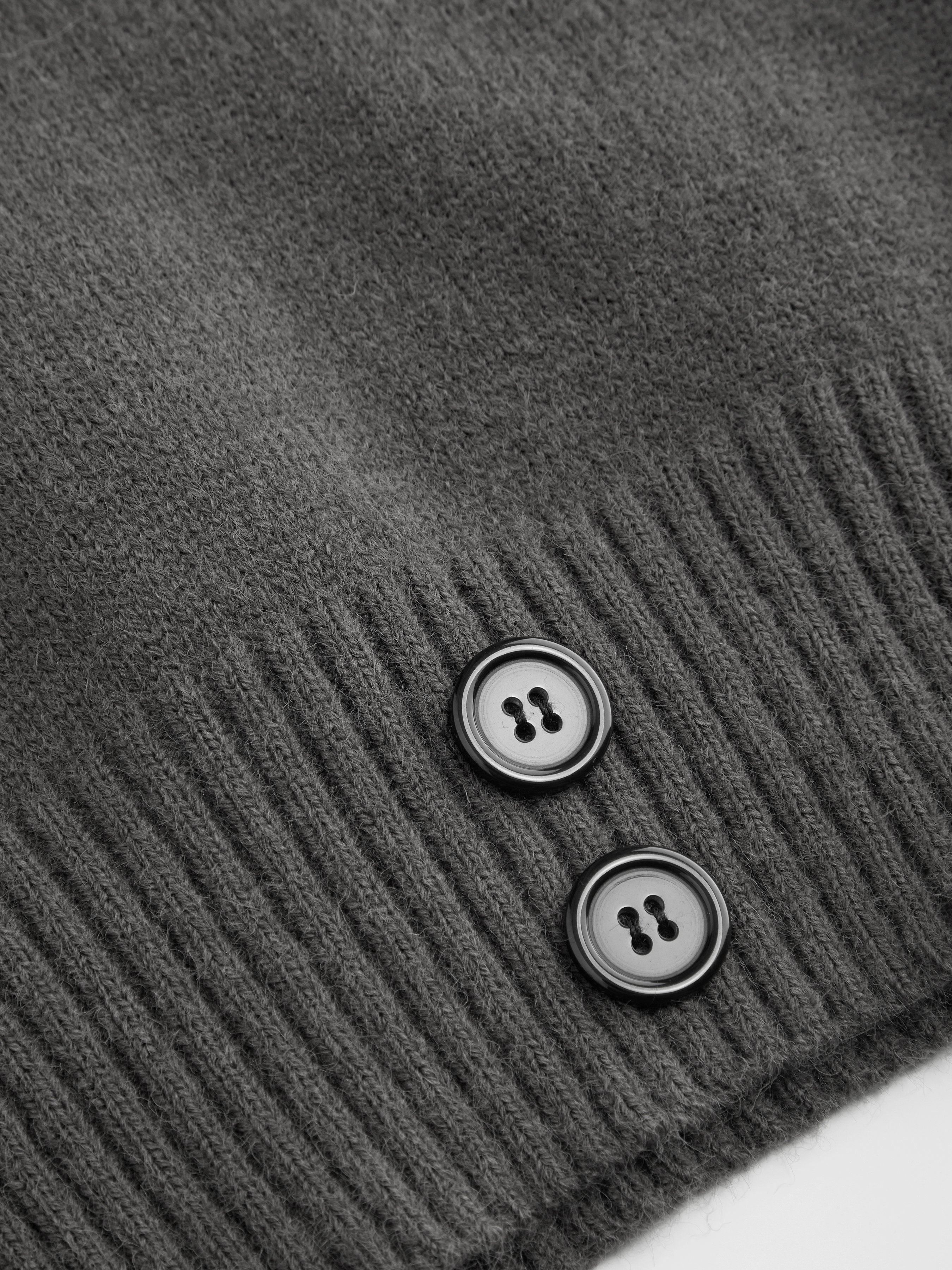 Knit Shawl V-neck Collar Button Detail Sweater — Grey