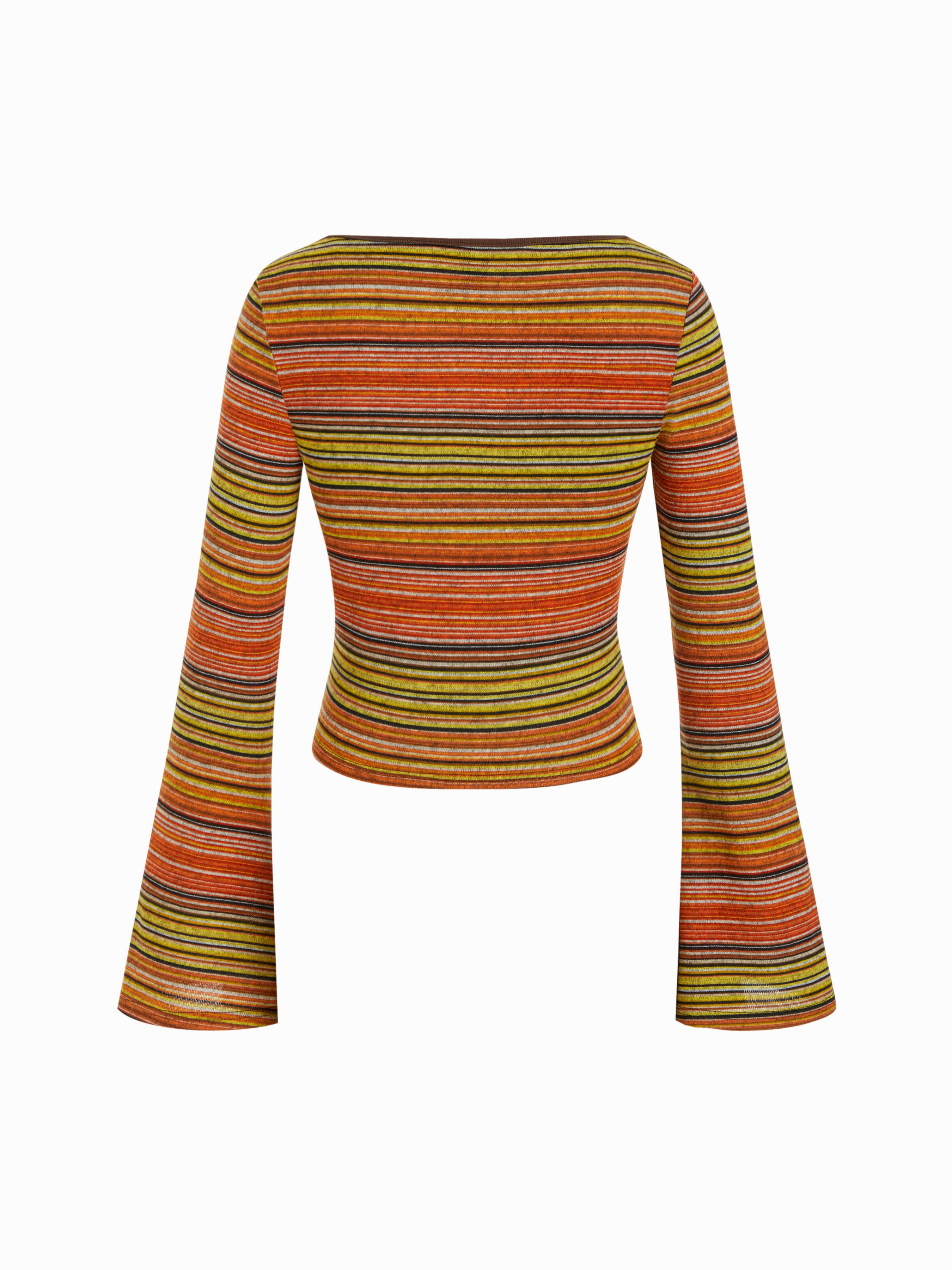 Striped Boat Neck Bell Sleeve Slim Tee — Orange