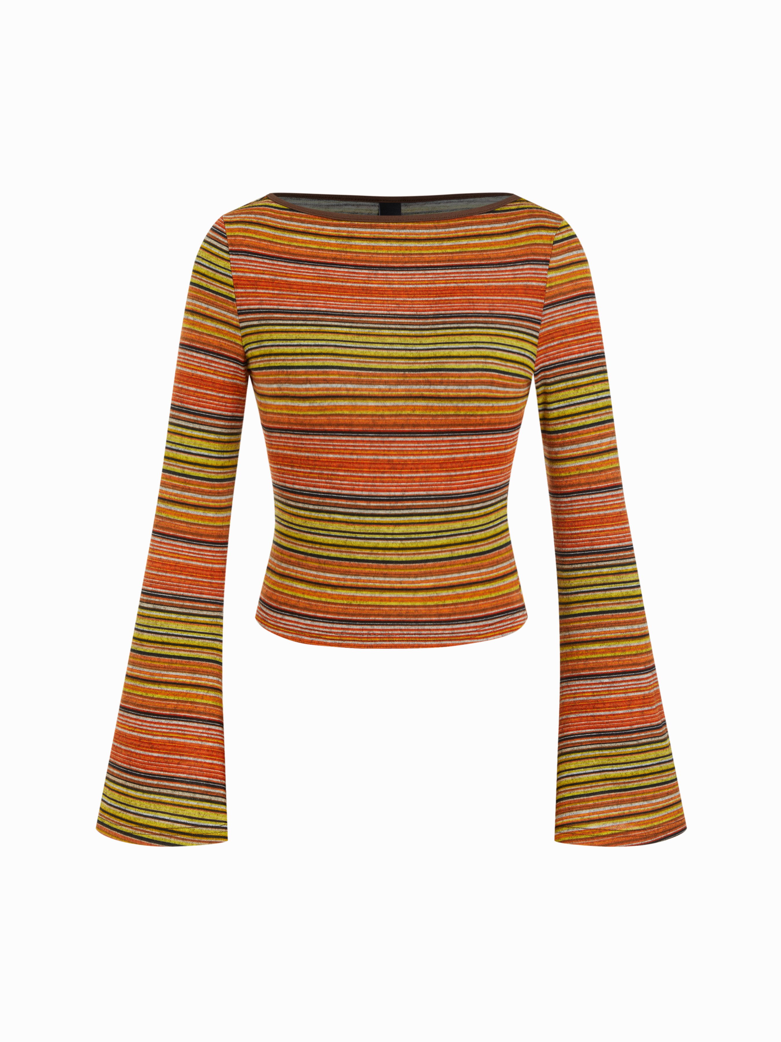 Striped Boat Neck Bell Sleeve Slim Tee — Orange