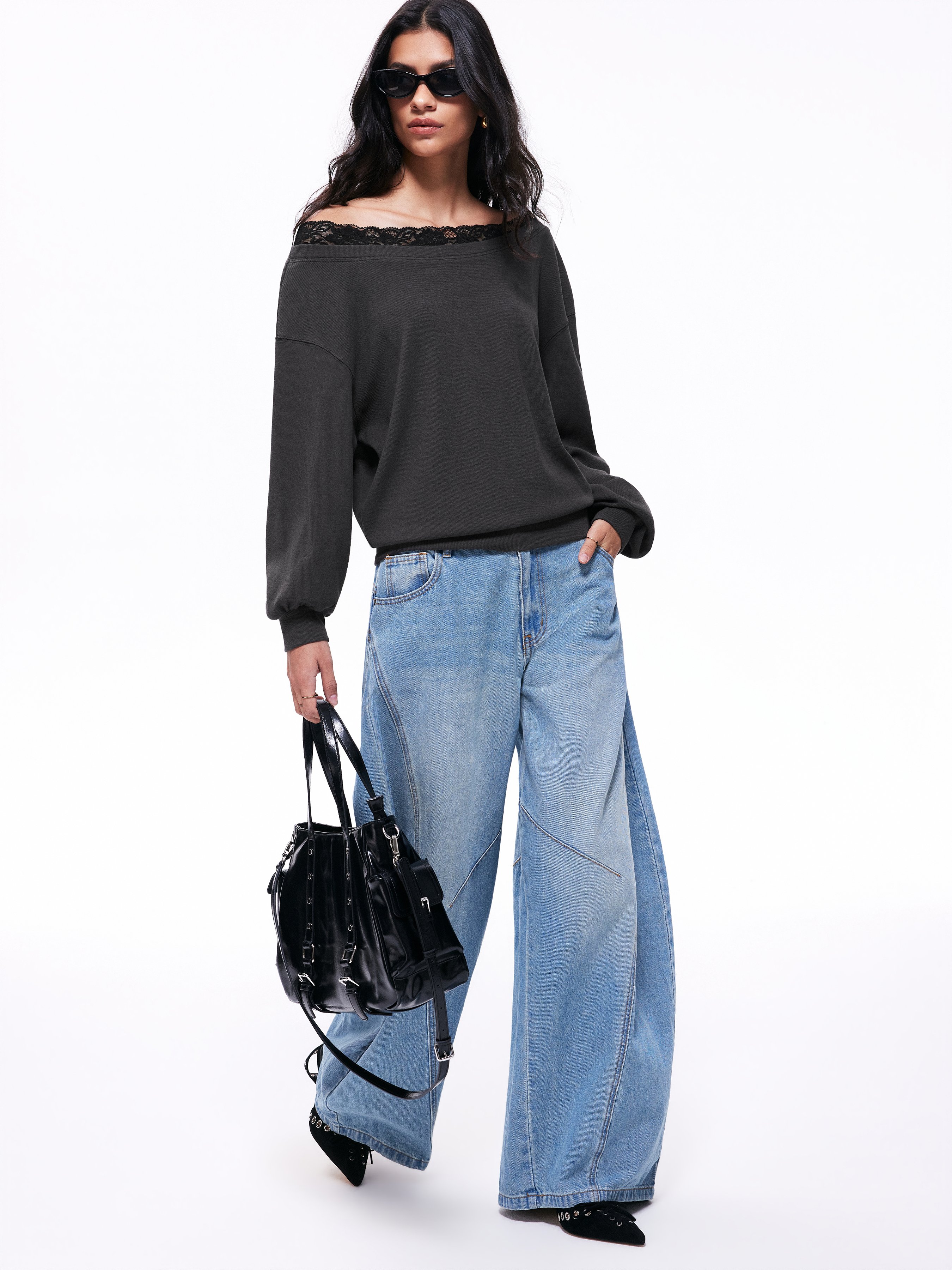 Cotton-blend Off-shoulder Lace Trim Lantern Sleeve Oversized Longline Sweatshirt — Grey