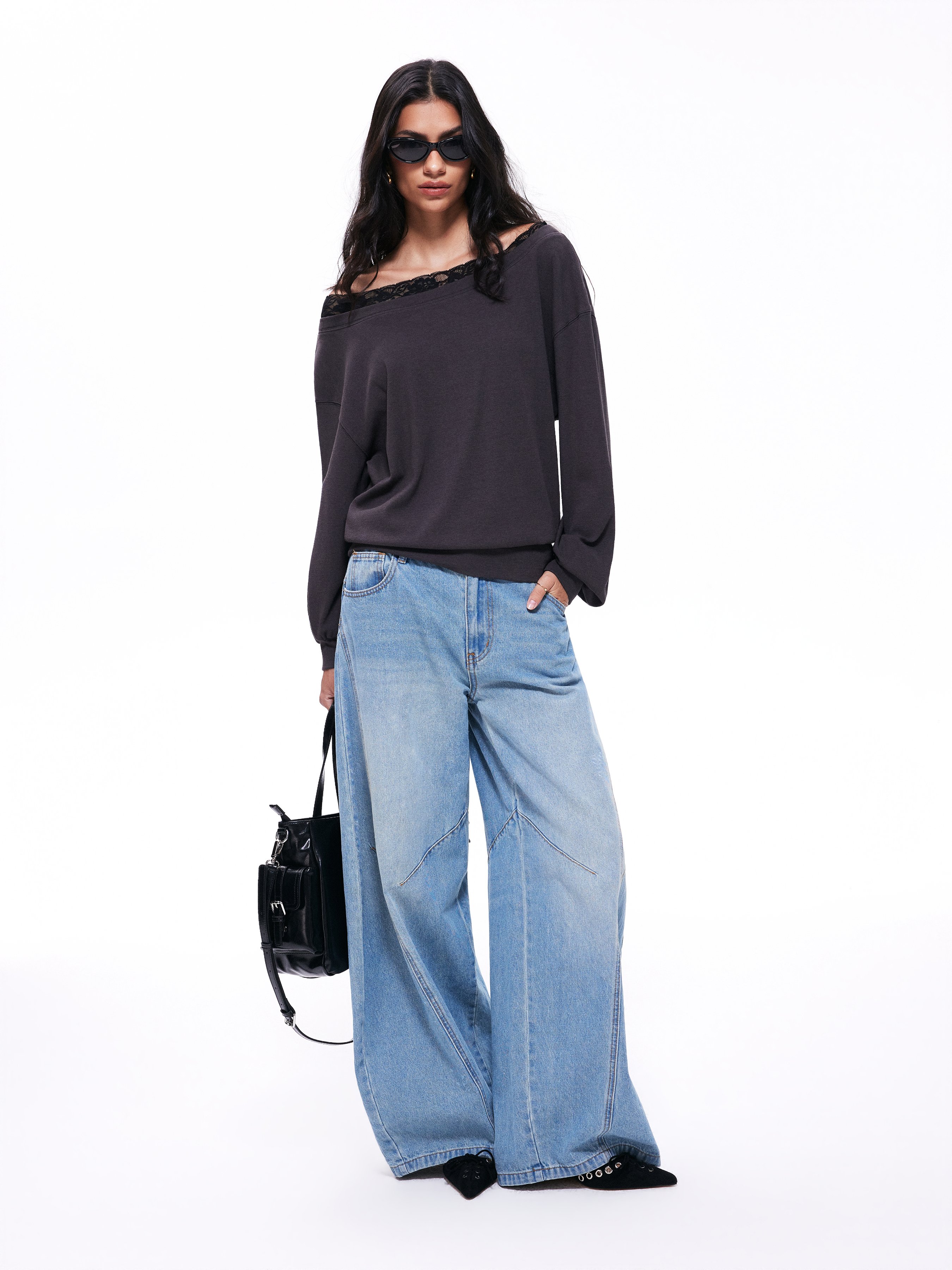 Cotton-blend Off-shoulder Lace Trim Lantern Sleeve Oversized Longline Sweatshirt — Grey