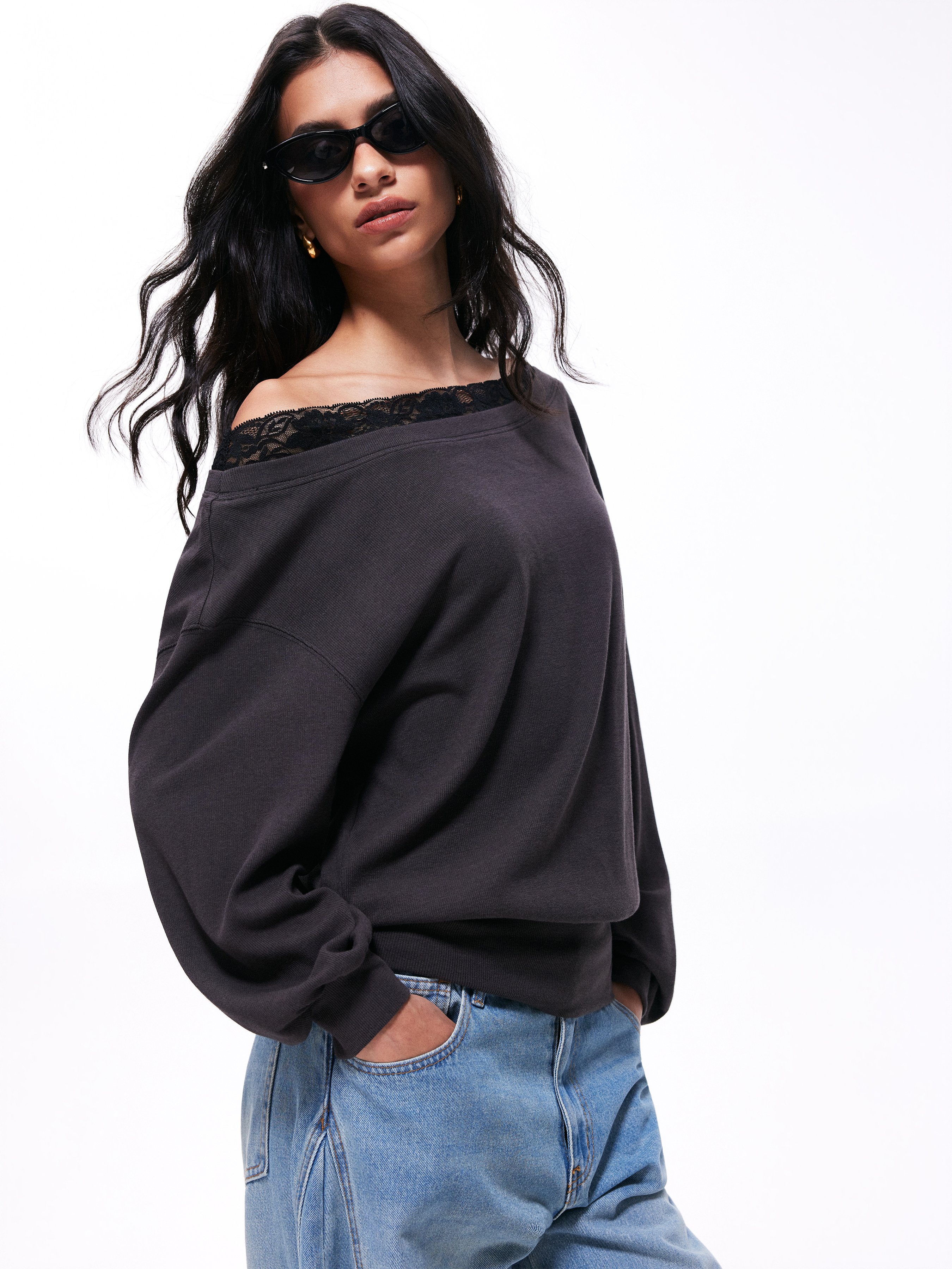 Cotton-blend Off-shoulder Lace Trim Lantern Sleeve Oversized Longline Sweatshirt — Grey