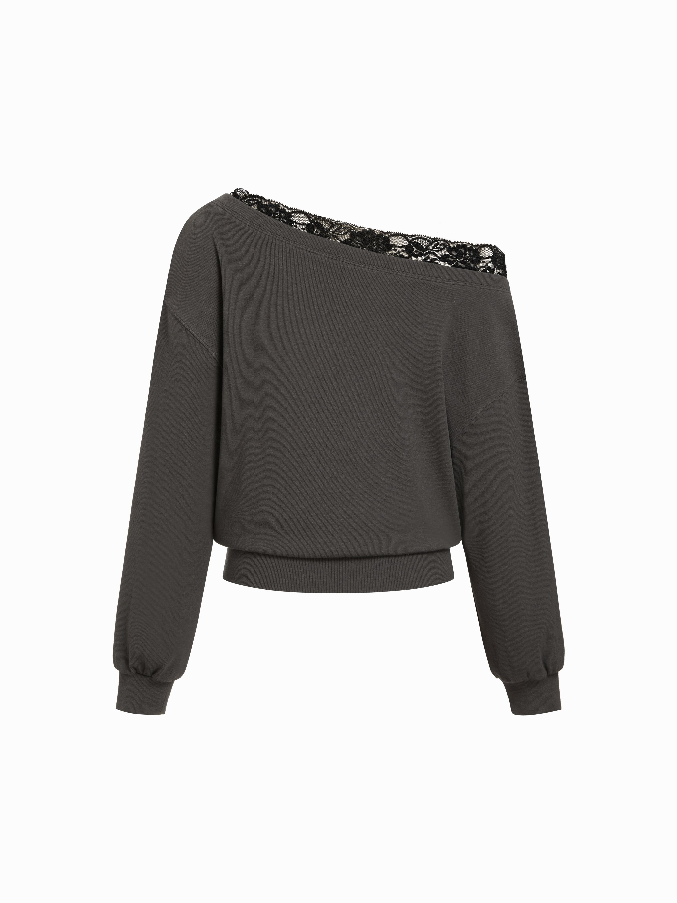 Cotton-blend Off-shoulder Lace Trim Lantern Sleeve Oversized Longline Sweatshirt — Grey