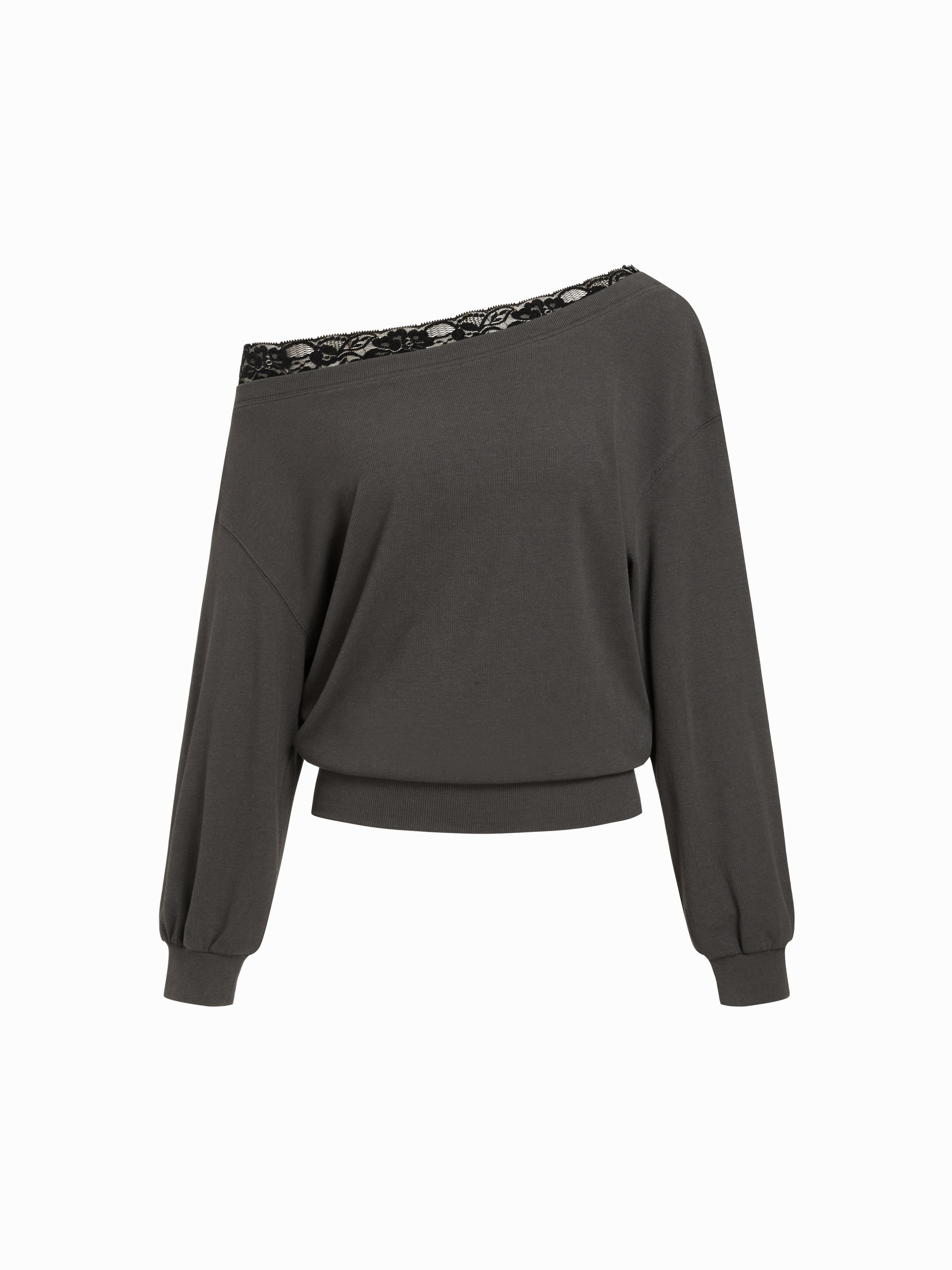 Cotton-blend Off-shoulder Lace Trim Lantern Sleeve Oversized Longline Sweatshirt — Grey