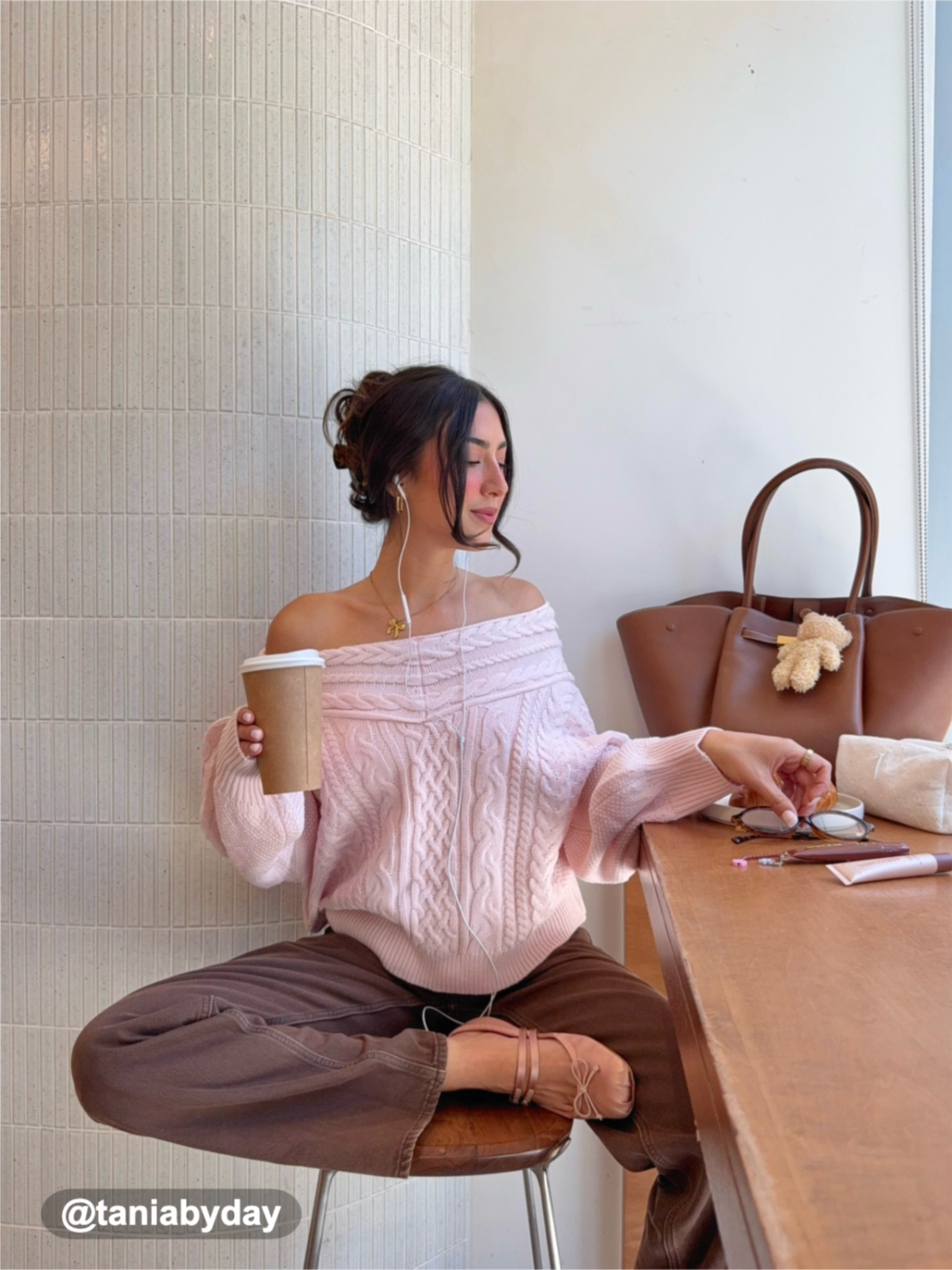 Cable Knit Off-shoulder Lantern Sleeve Oversized Top — Pink