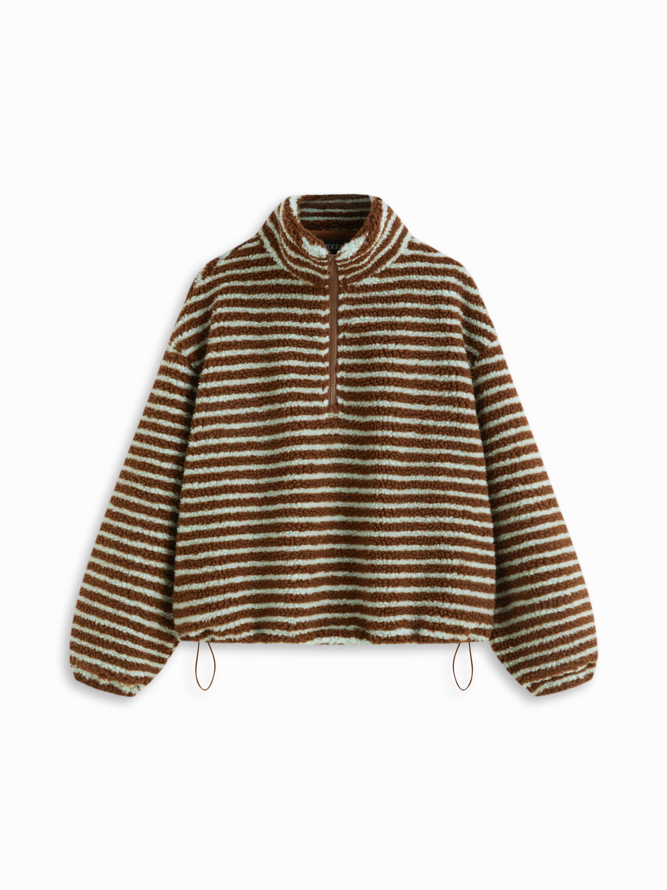 Fleece Stripe Stand Collar Drawstring Half Zip Oversized Sweatshirt — Chocolate