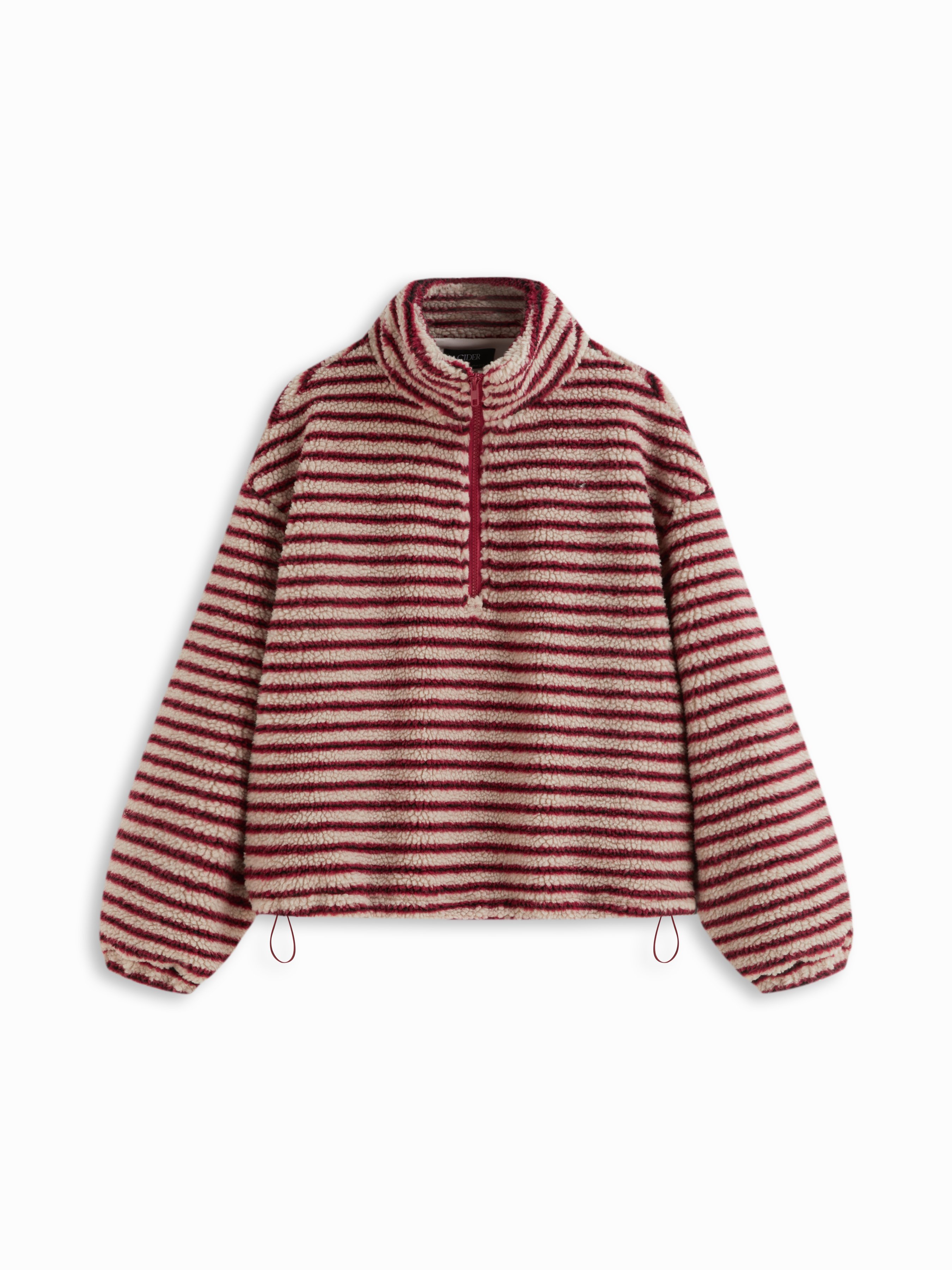 Fleece Stripe Stand Collar Drawstring Half Zip Oversized Sweatshirt — Wine